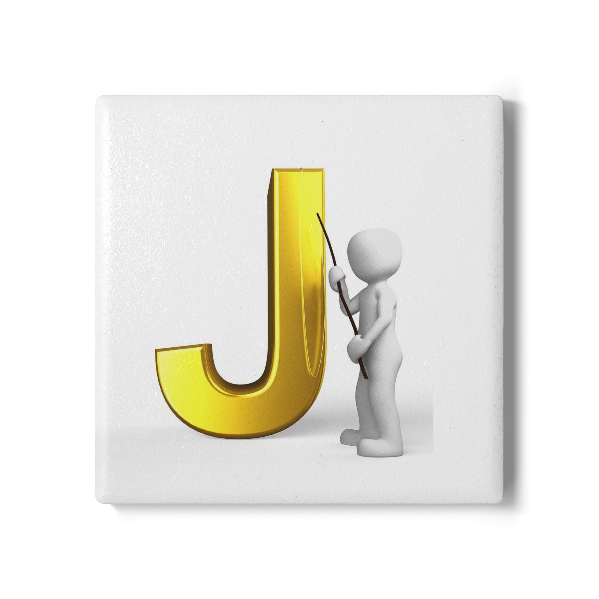 Gold Letter J with Figure Ceramic Coaster | Monogram Initial Home Decor