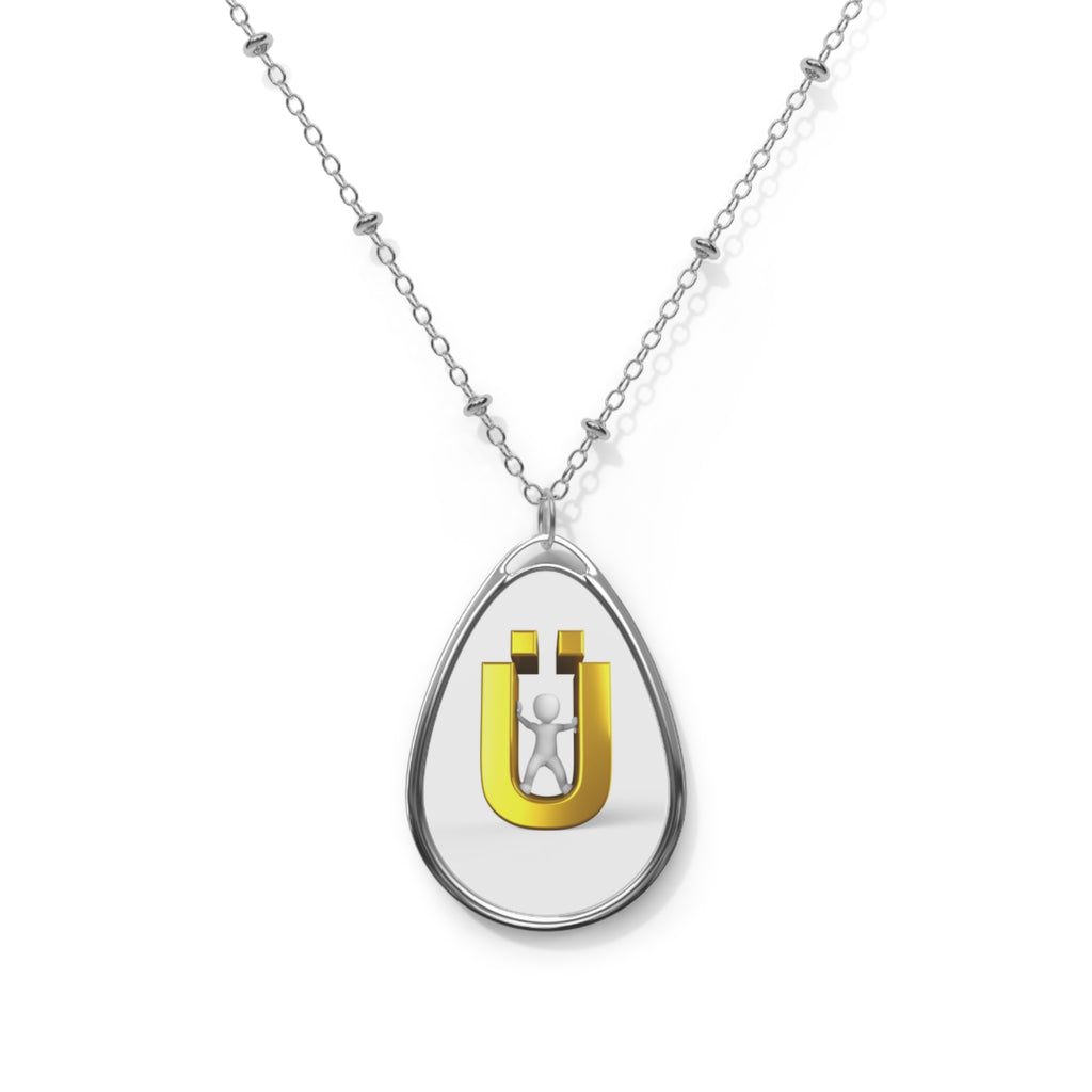 Gold Letter Ü Oval Pendant Necklace — Modern Minimalist Tear Drop Jewelry