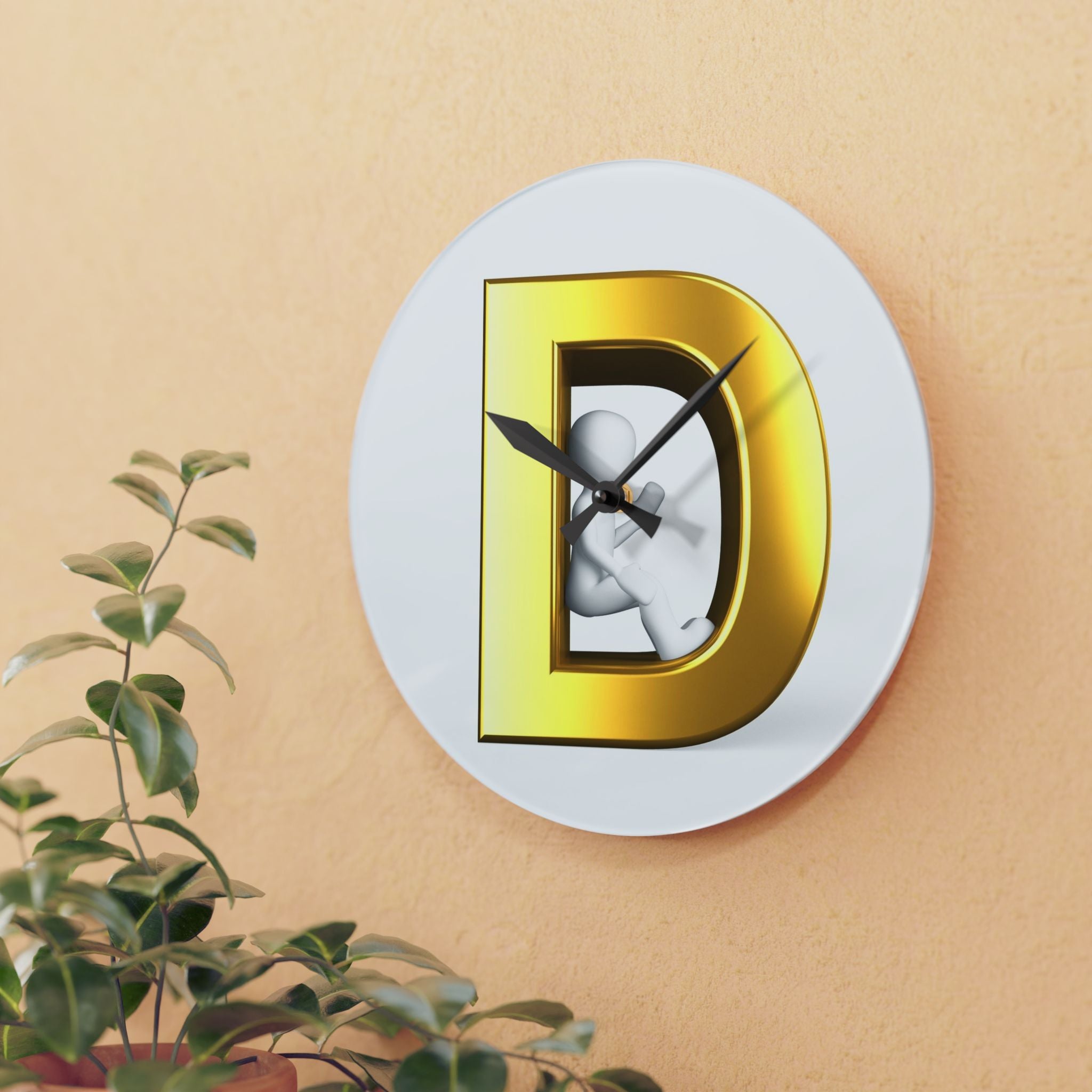 Gold Letter D with 3D Figure Acrylic Wall Clock | Monogram Initial Decor