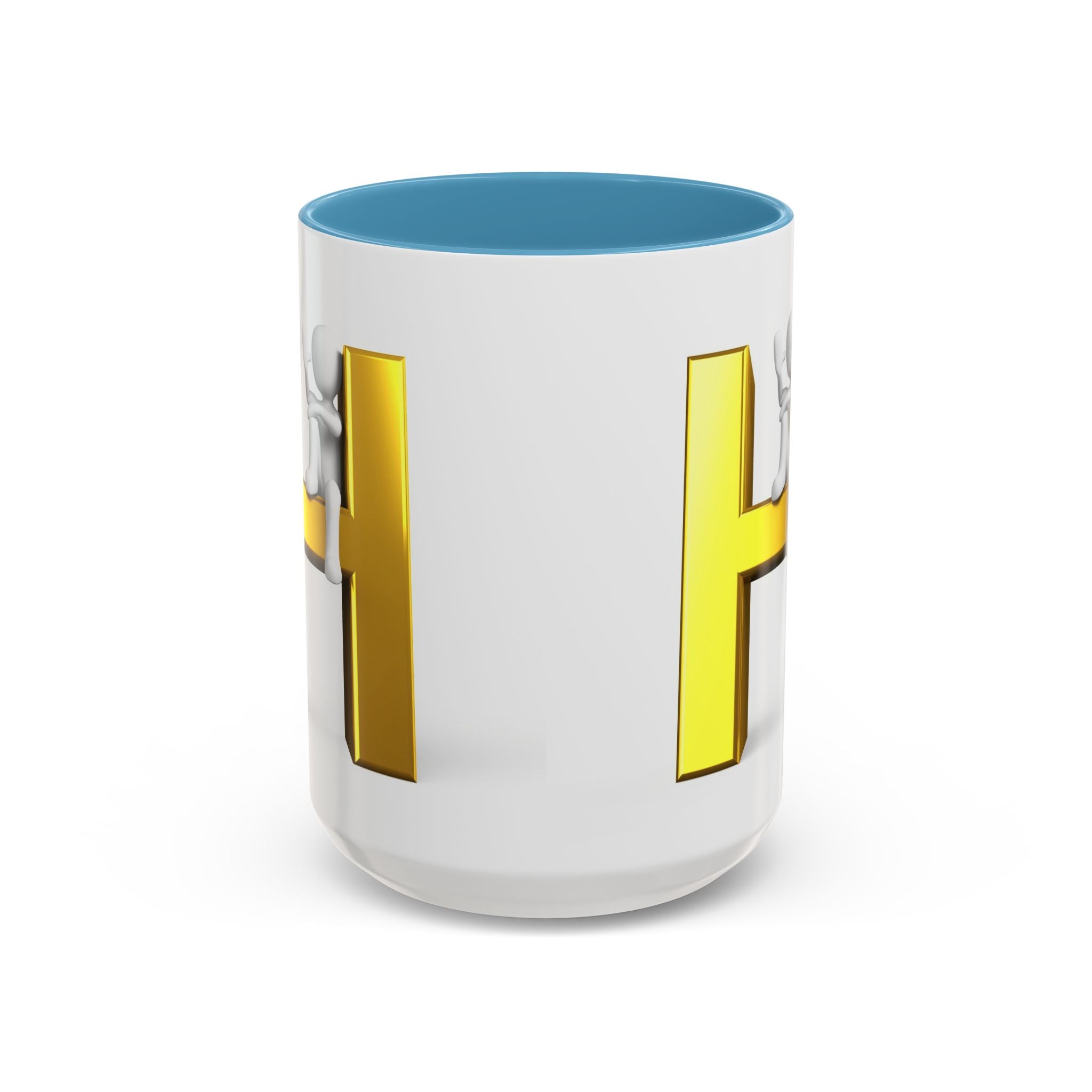 Mug en céramique avec bonhomme allumette 3D accroché à la lettre H dorée | Mug à anse de couleur