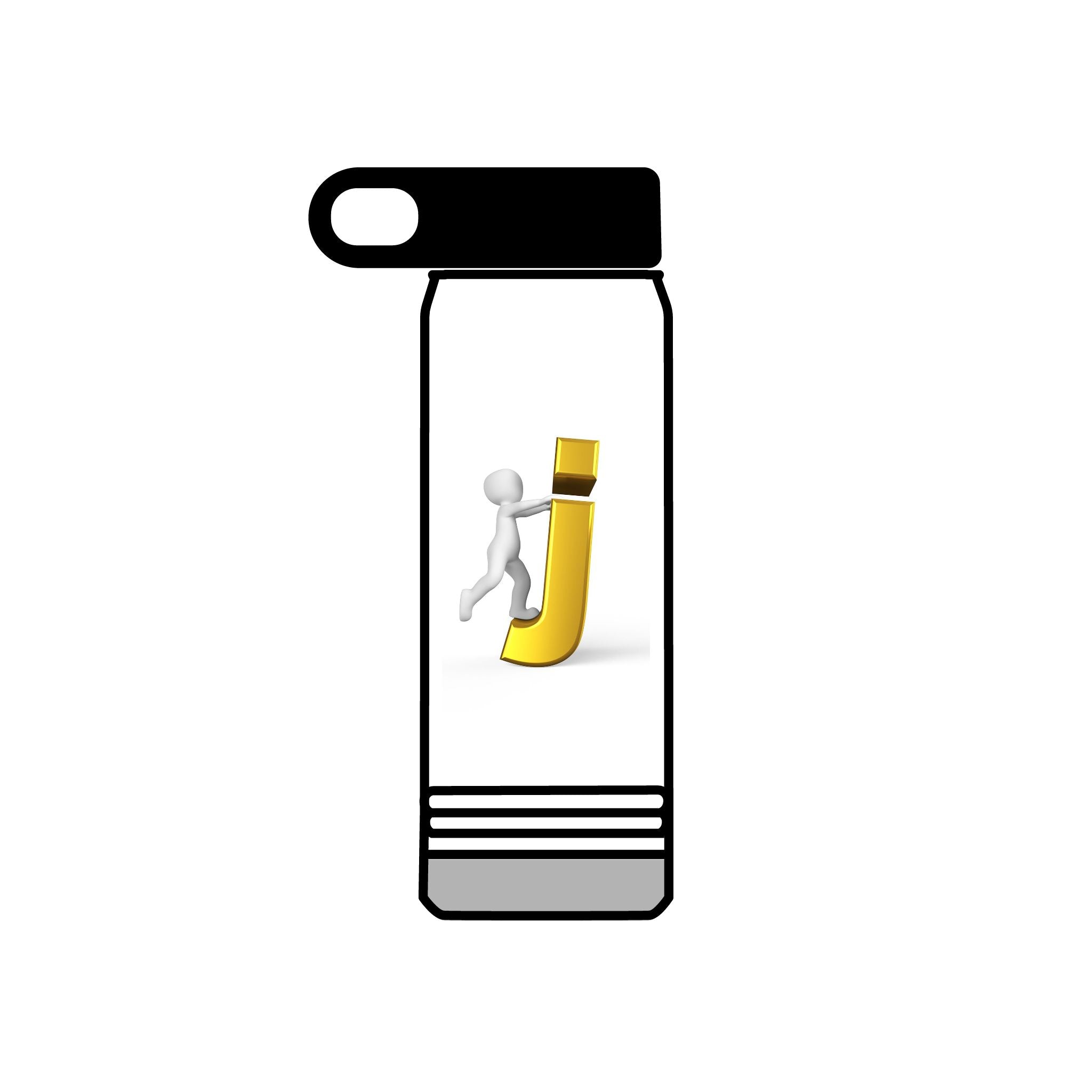 Bouteille d'eau 3D Bonhomme allumette poussant la lettre J dorée | 590 ml