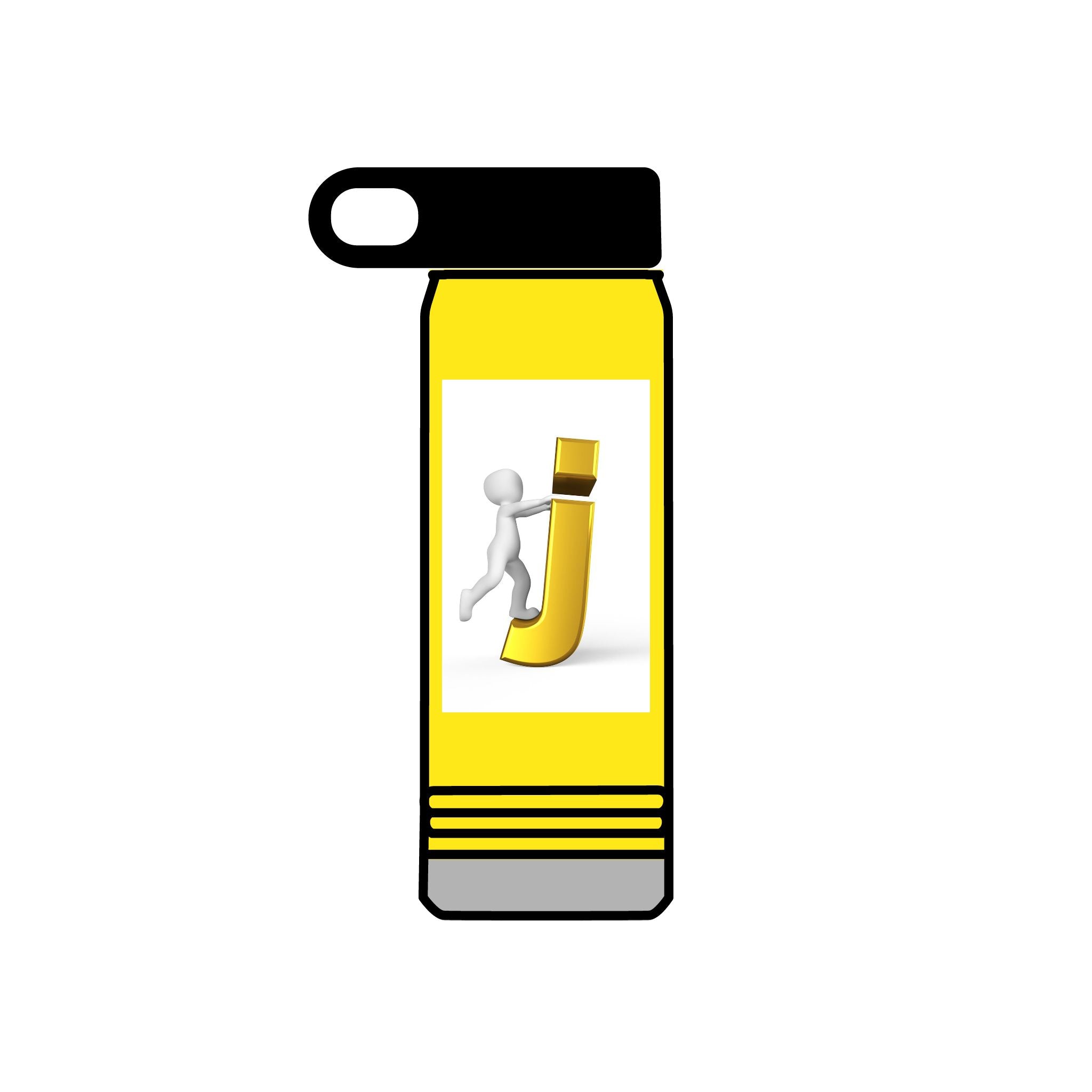 Bouteille d'eau 3D Bonhomme allumette poussant la lettre J dorée | 590 ml