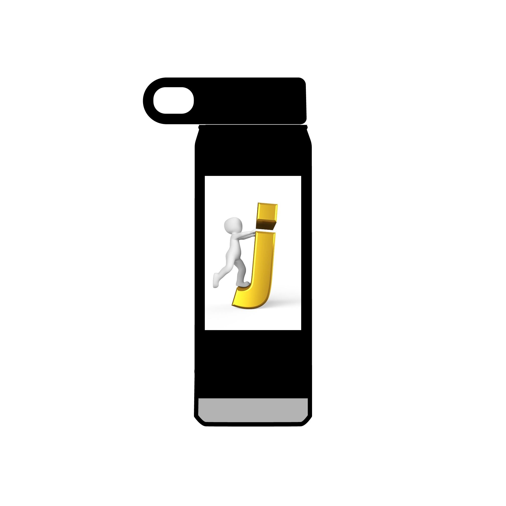 Bouteille d'eau 3D Bonhomme allumette poussant la lettre J dorée | 590 ml