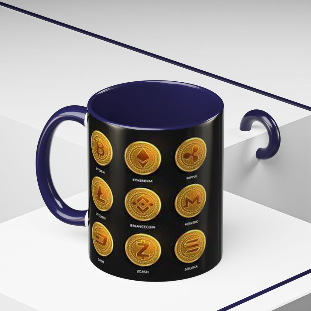 Cryptocurrency Coin Icons Accent Mug | Bitcoin Ethereum Litecoin Doge Coffee Mug