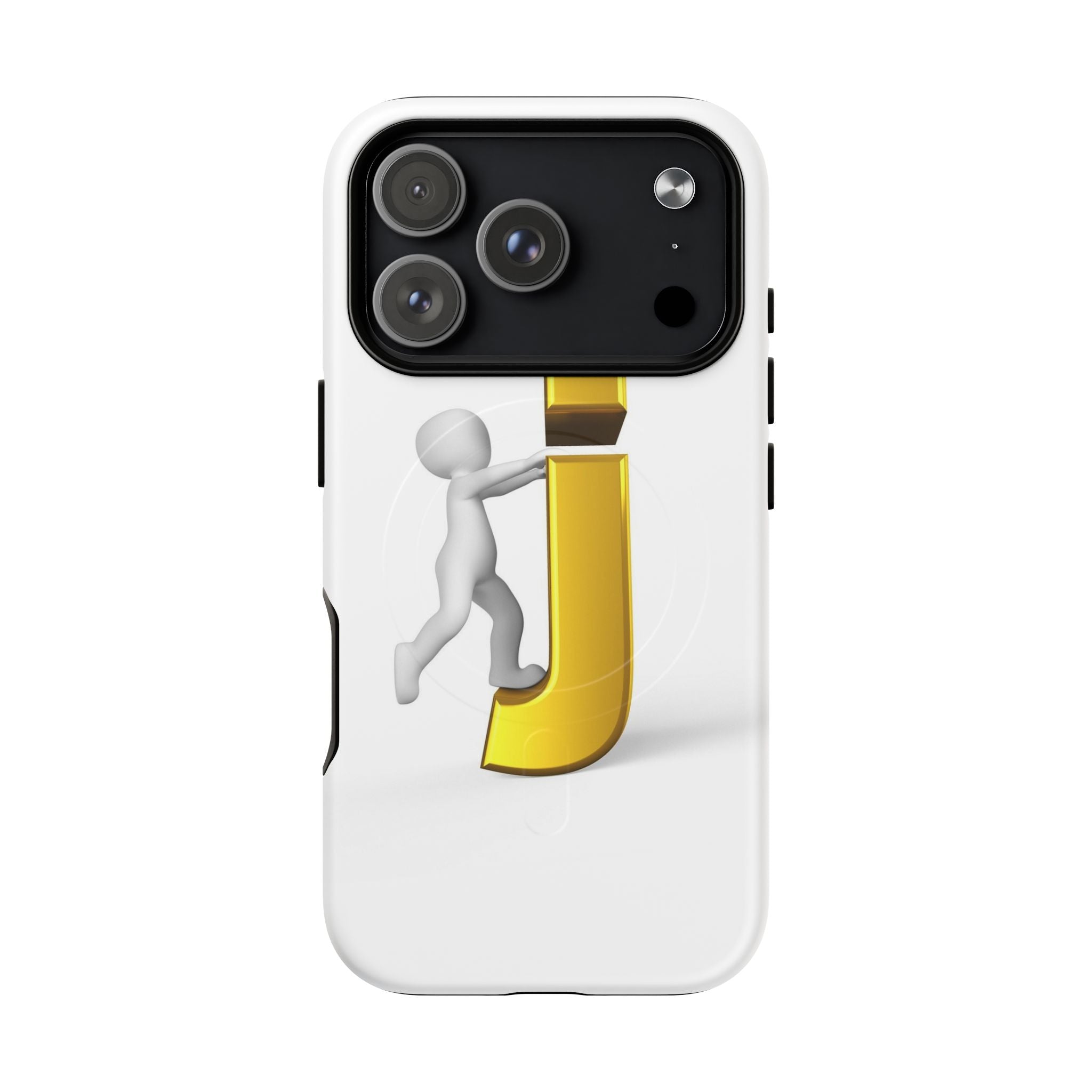 Coque de téléphone 3D Bonhomme allumette Poussant la lettre J dorée | Coque magnétique robuste