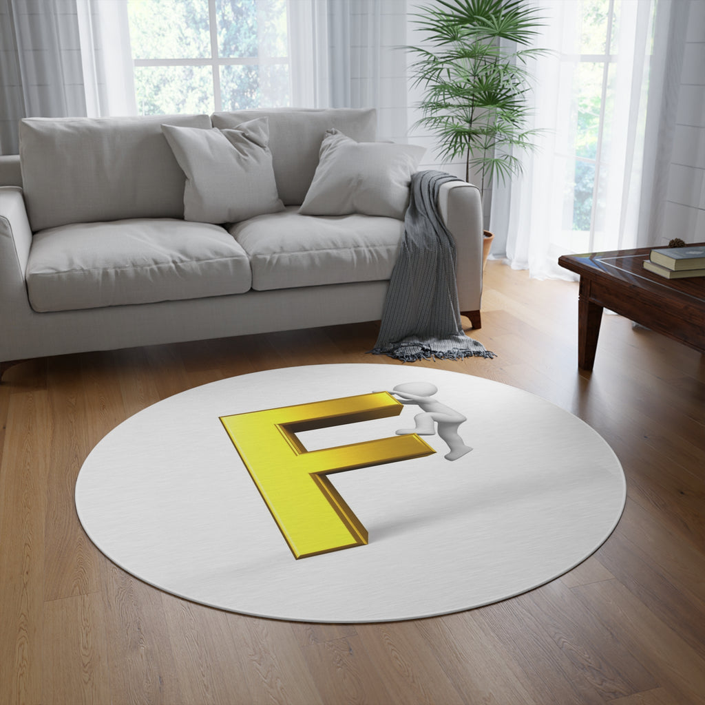 Stick Figure Climber on Gold Letter F Round Rug | Monogram Initial Decor