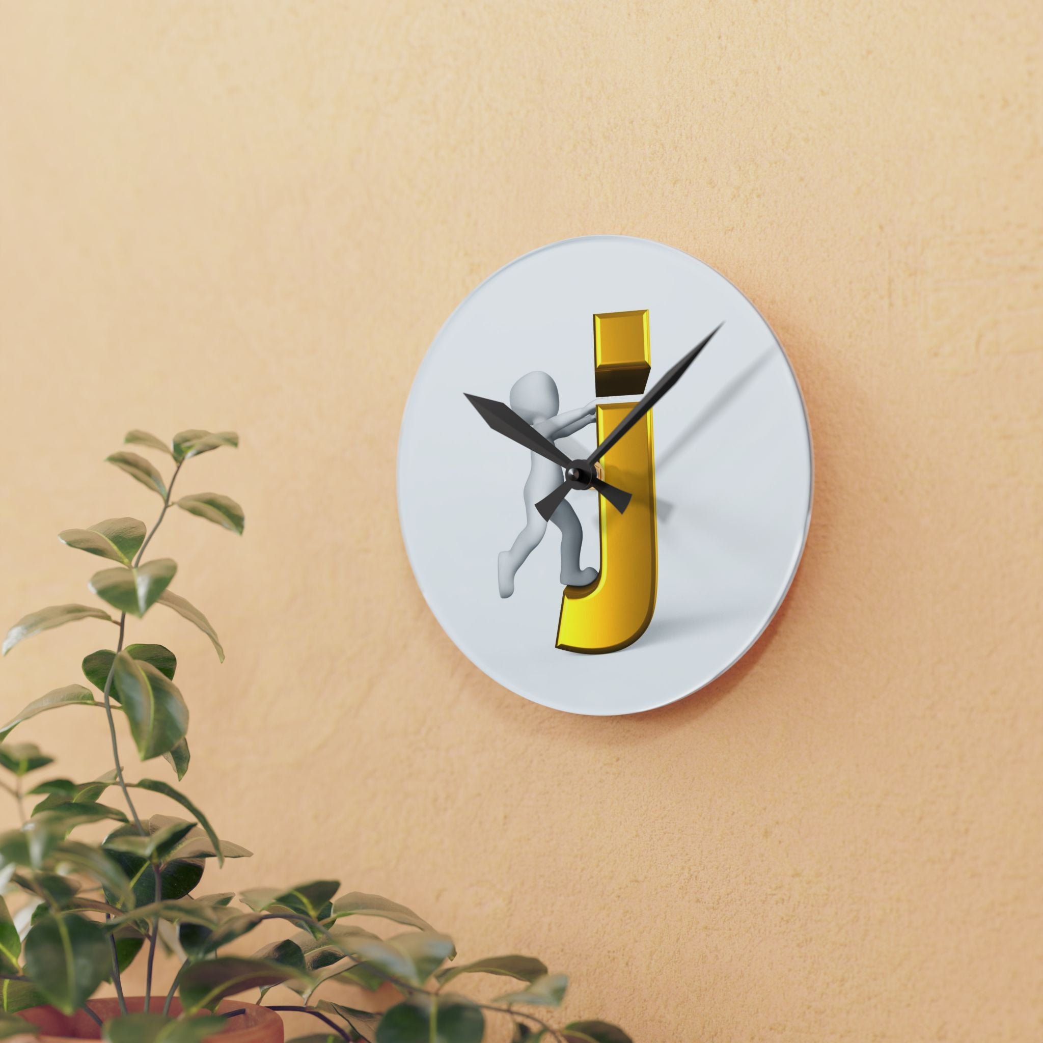 3D Figure Hugging Gold Letter J Acrylic Wall Clock | Personalized Initial Décor