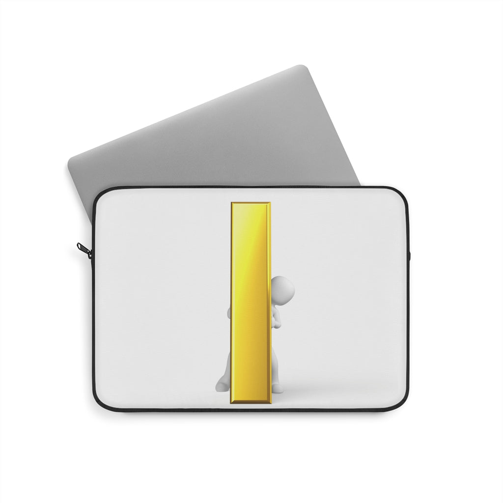 3D Character Peeking Behind Gold Letter i Laptop Sleeve | Minimalist Tech Case