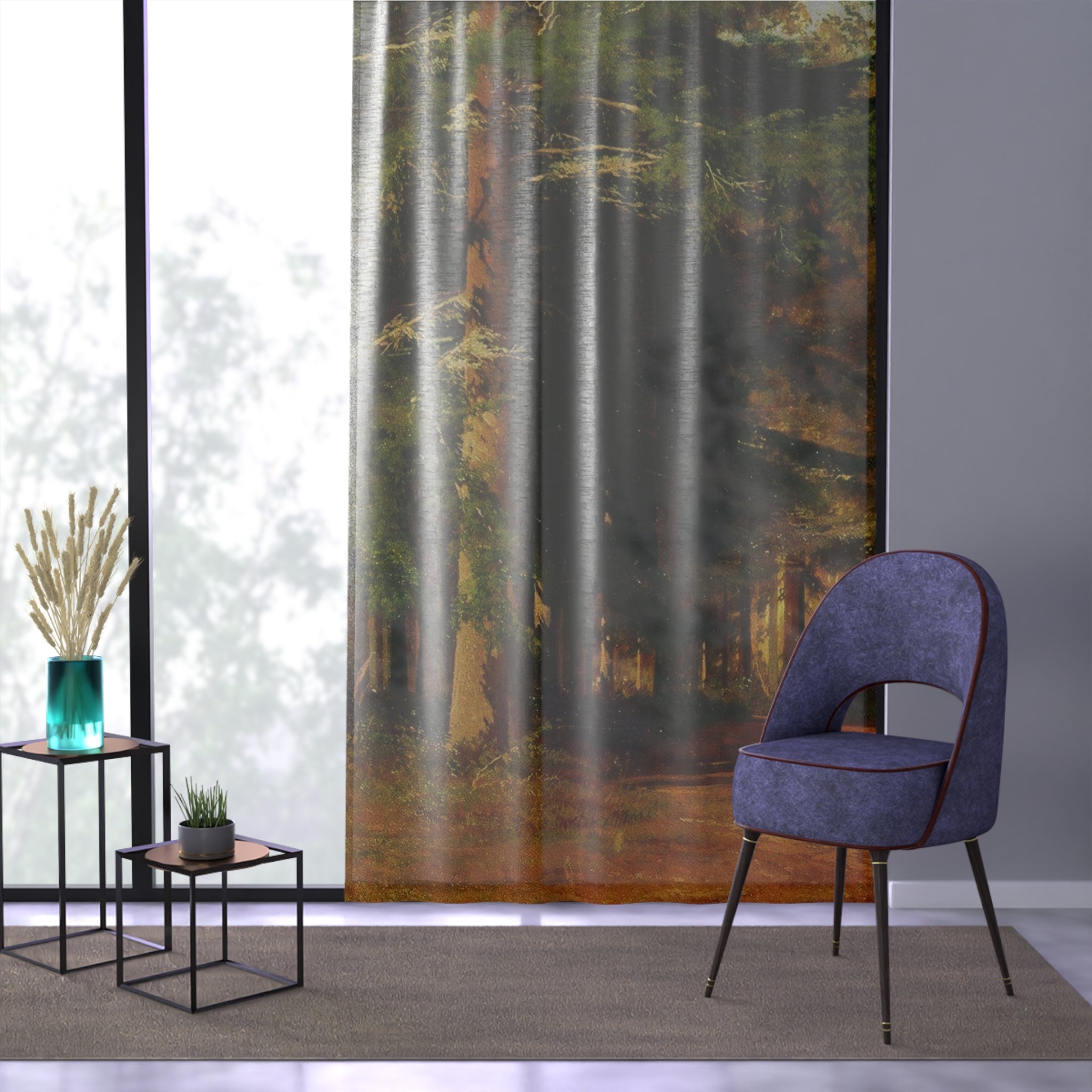 Autumn Forest Window Curtain | Woodland Trees Path Sheer Panel