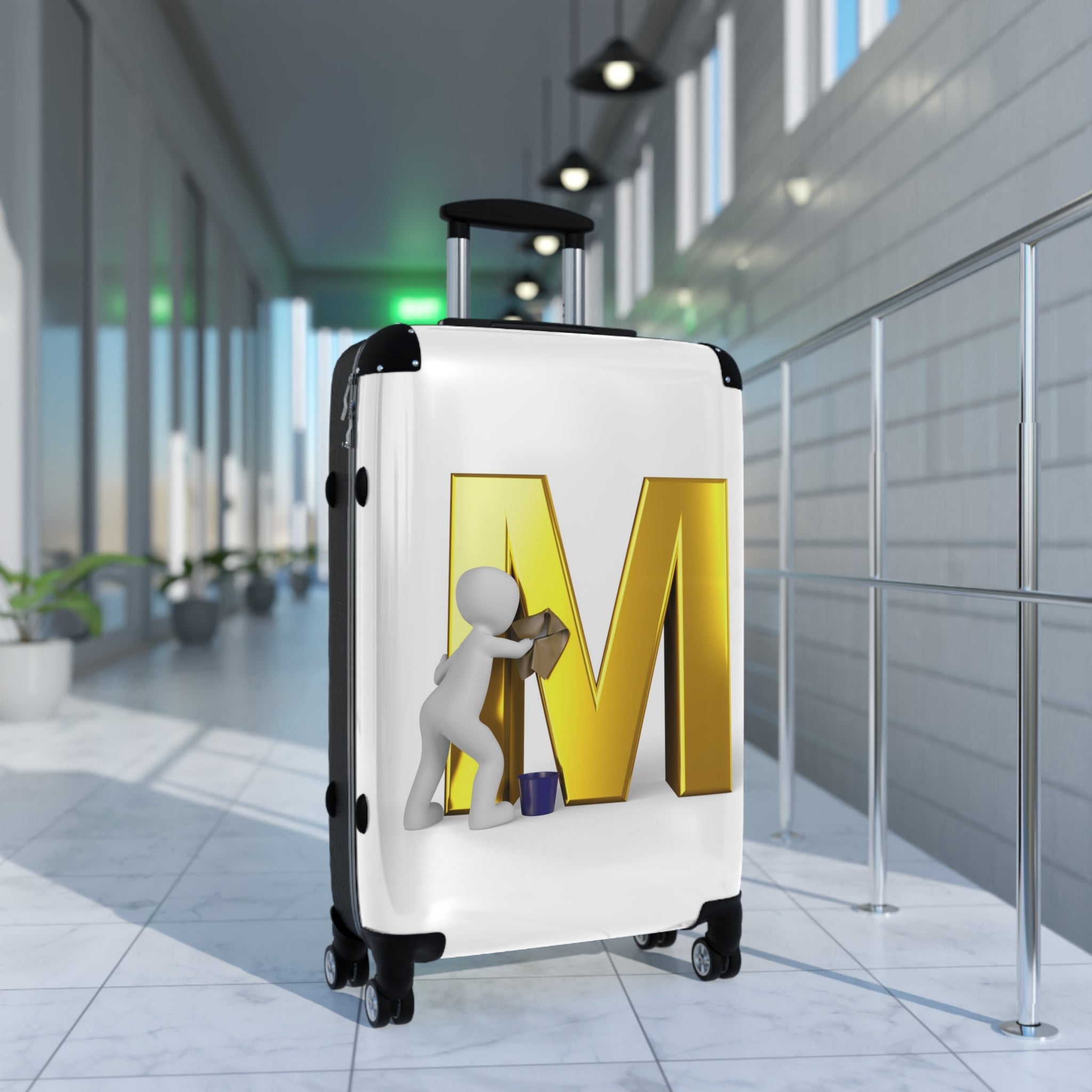 3D Person Cleaning Gold Letter M Suitcase | Luggage