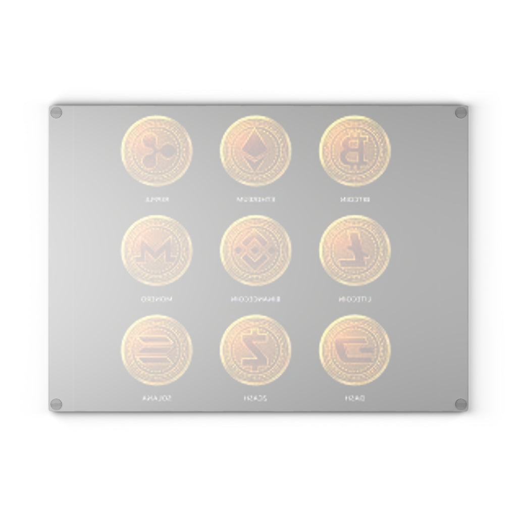 Cryptocurrency Coins glass cutting board | Bitcoin Ethereum Ripple Litecoin Binance Monero