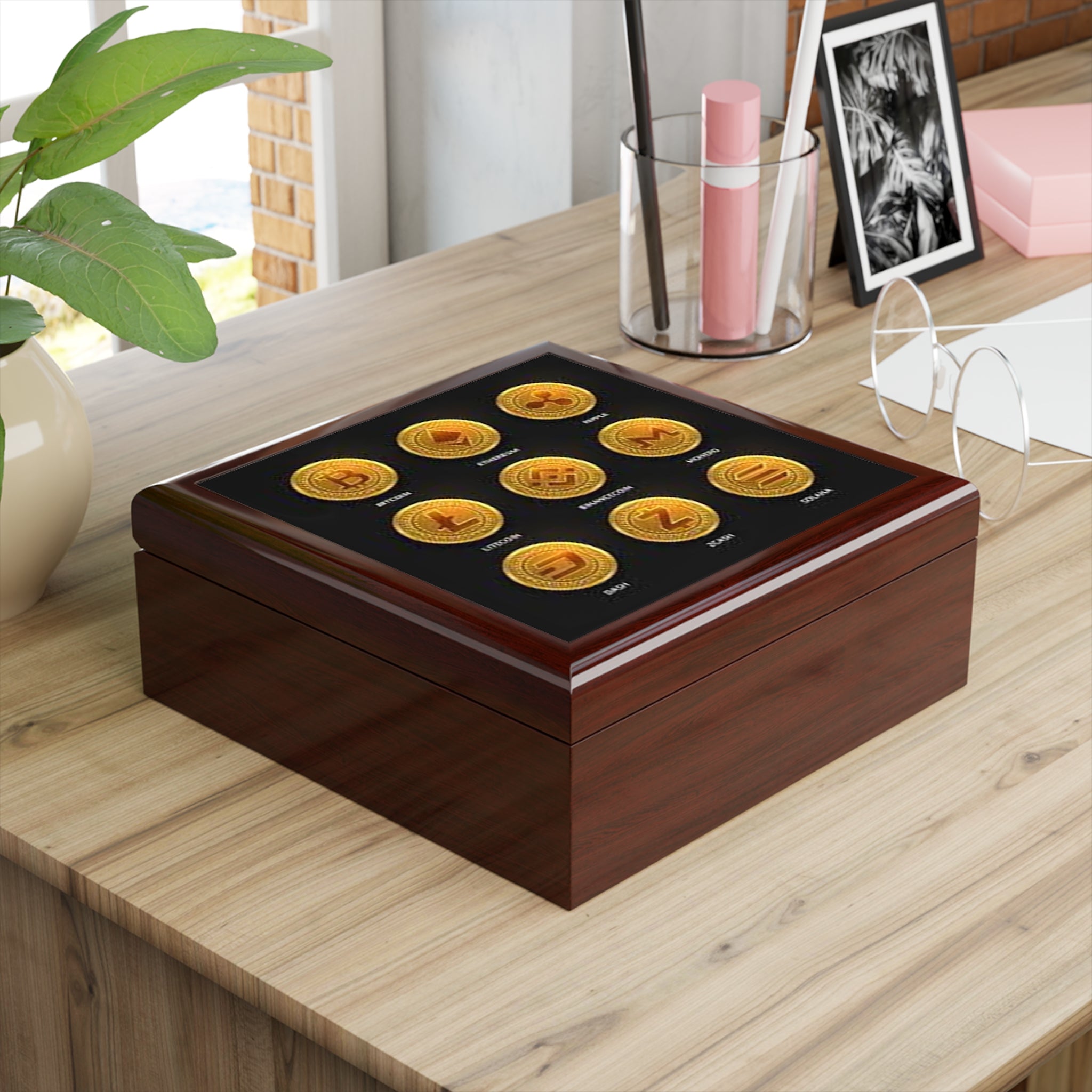 Cryptocurrency Coin Icons Jewelry Box | Bitcoin Ethereum Ripple Litecoin Display