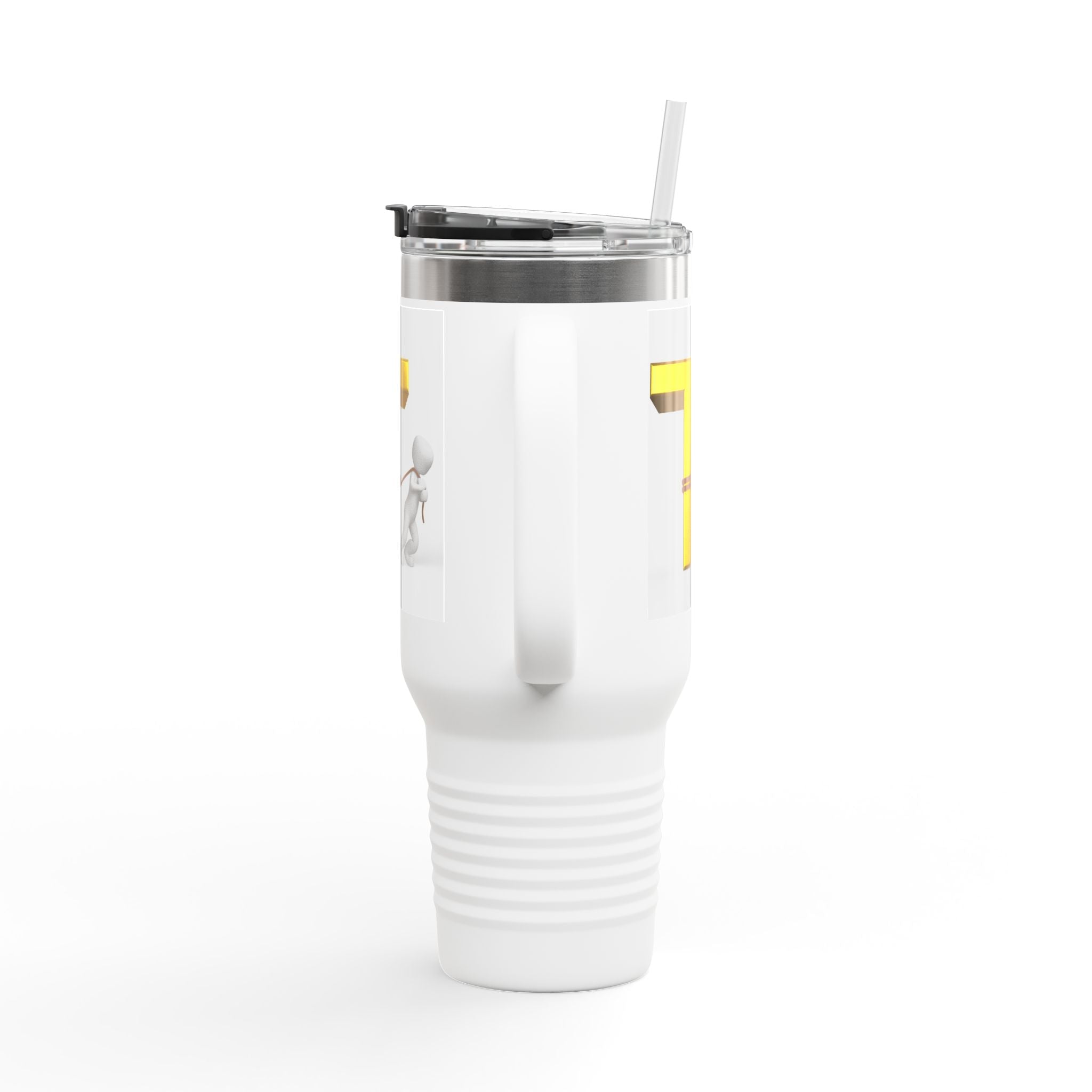 3D Stick Figure Pulling Gold Letter T Travel Mug | 40oz Insulated Tumbler