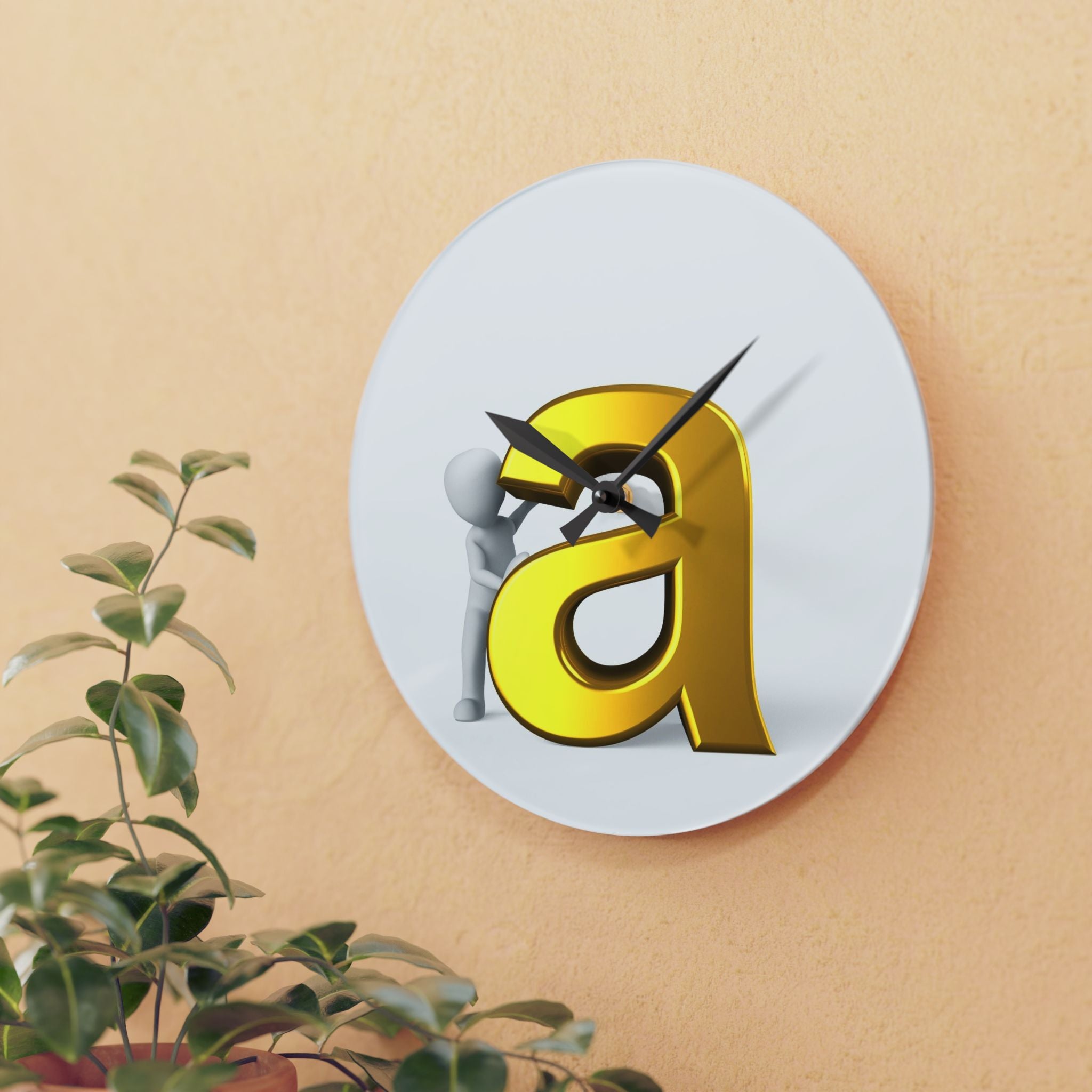 3D Gold Letter A with Character Acrylic Wall Clock | Modern Alphabet Decor