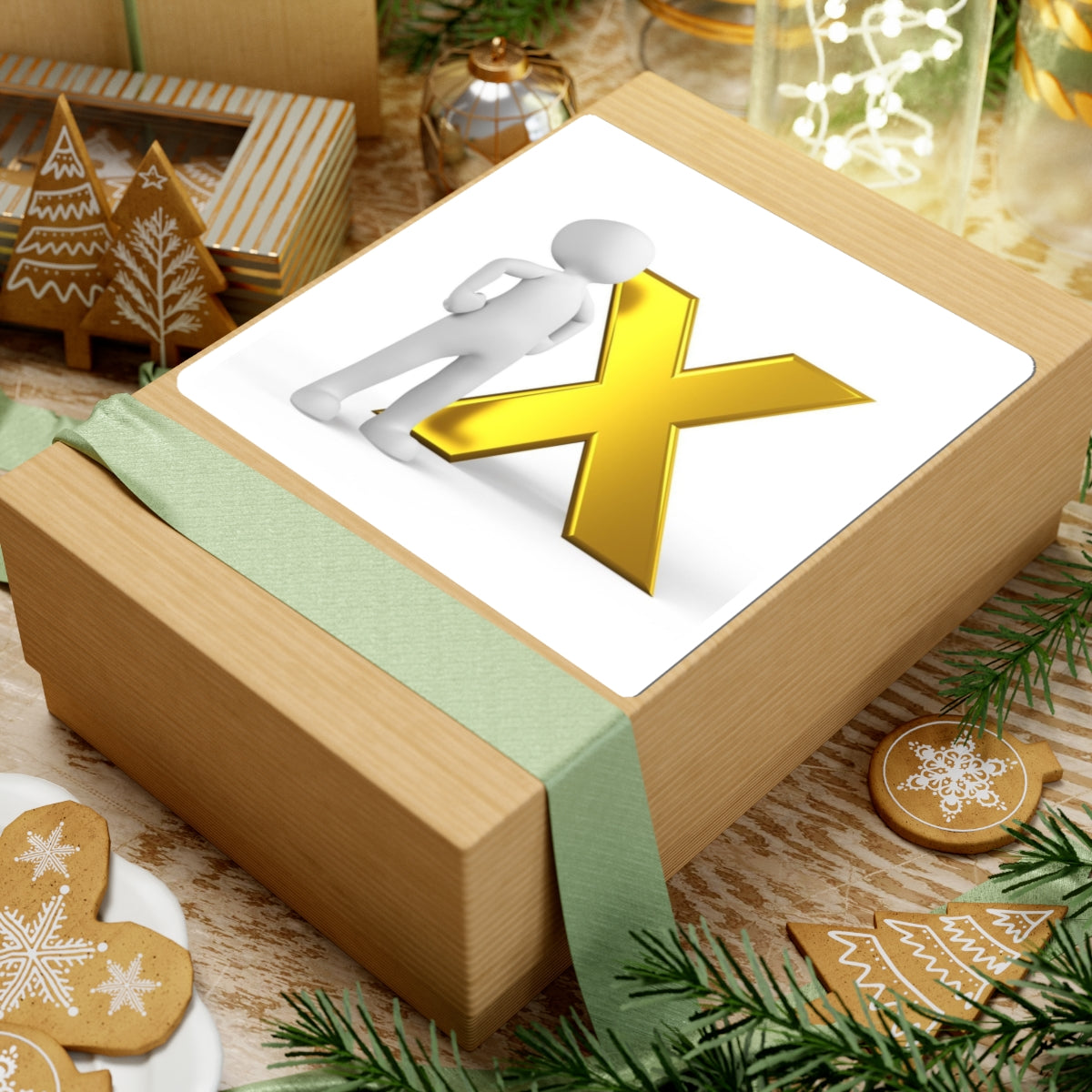 Gold X with 3D Stick Figure Kiss-Cut Stickers | Alphabet Letter Decal