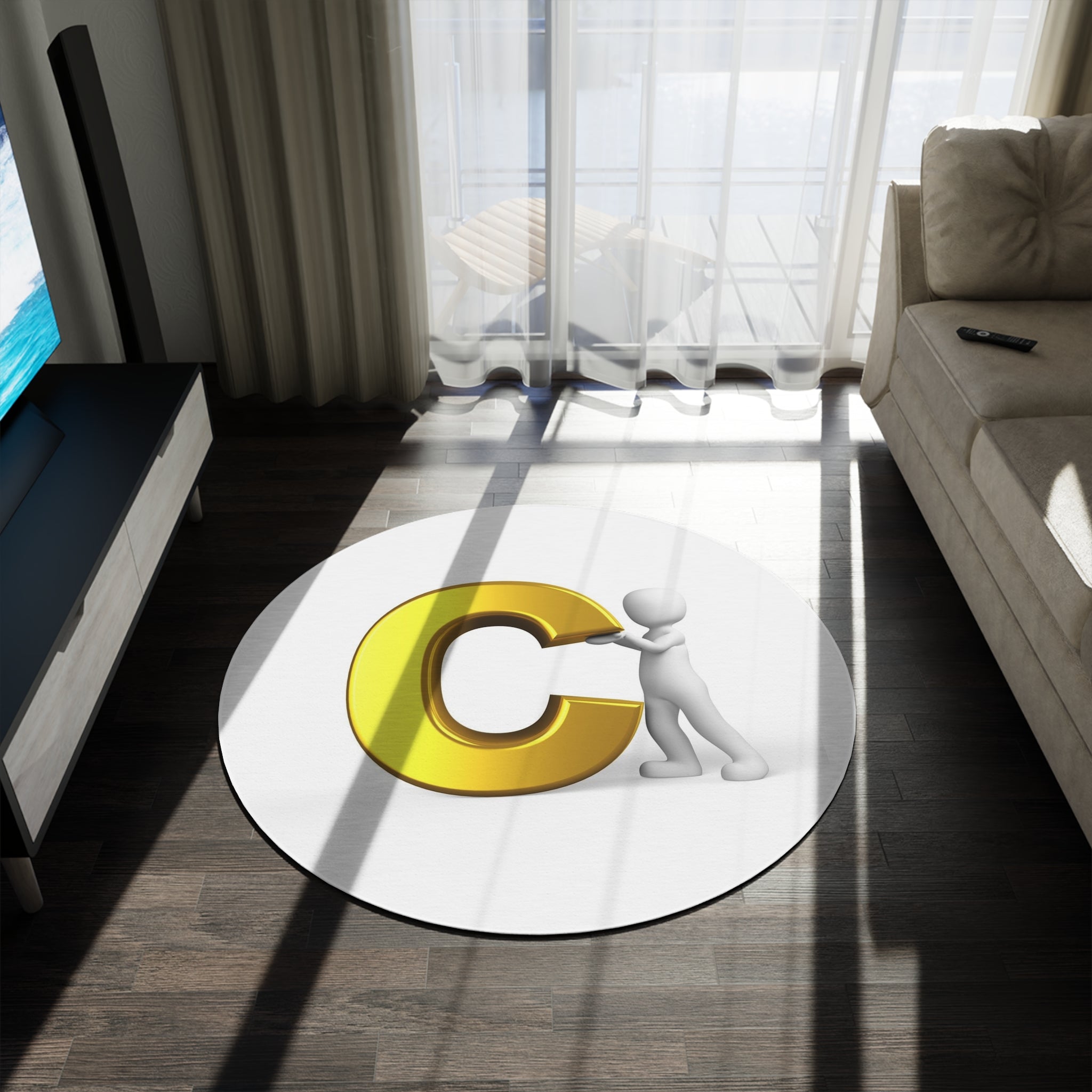 Gold Letter C with 3D Figure Round Rug | Monogram Initial Rug