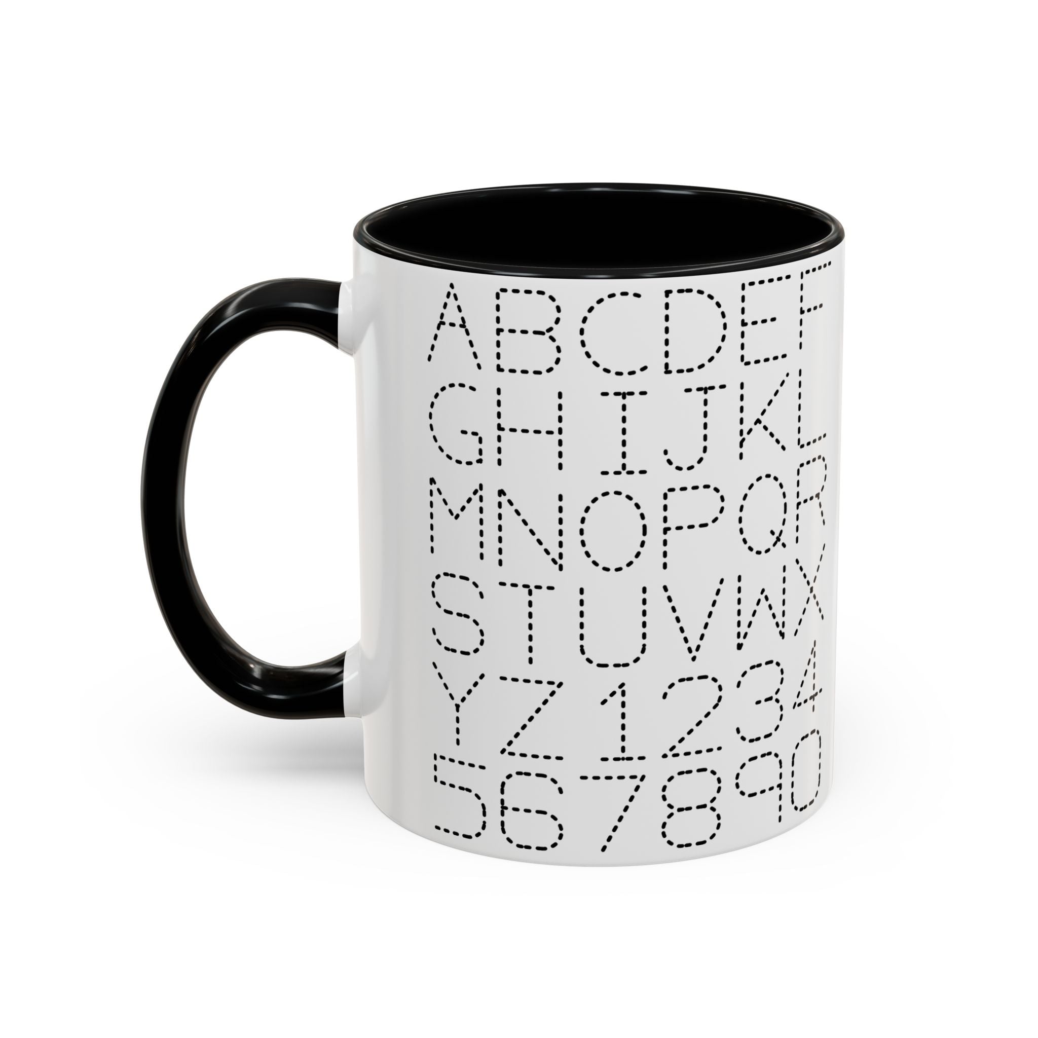 Kaffeetasse mit gepunkteten Buchstaben und Zahlen