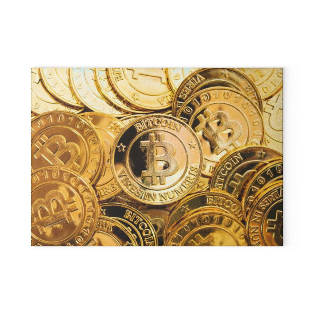 Bitcoin Gold Coins Glass Cutting Board | Cryptocurrency Kitchen Decor