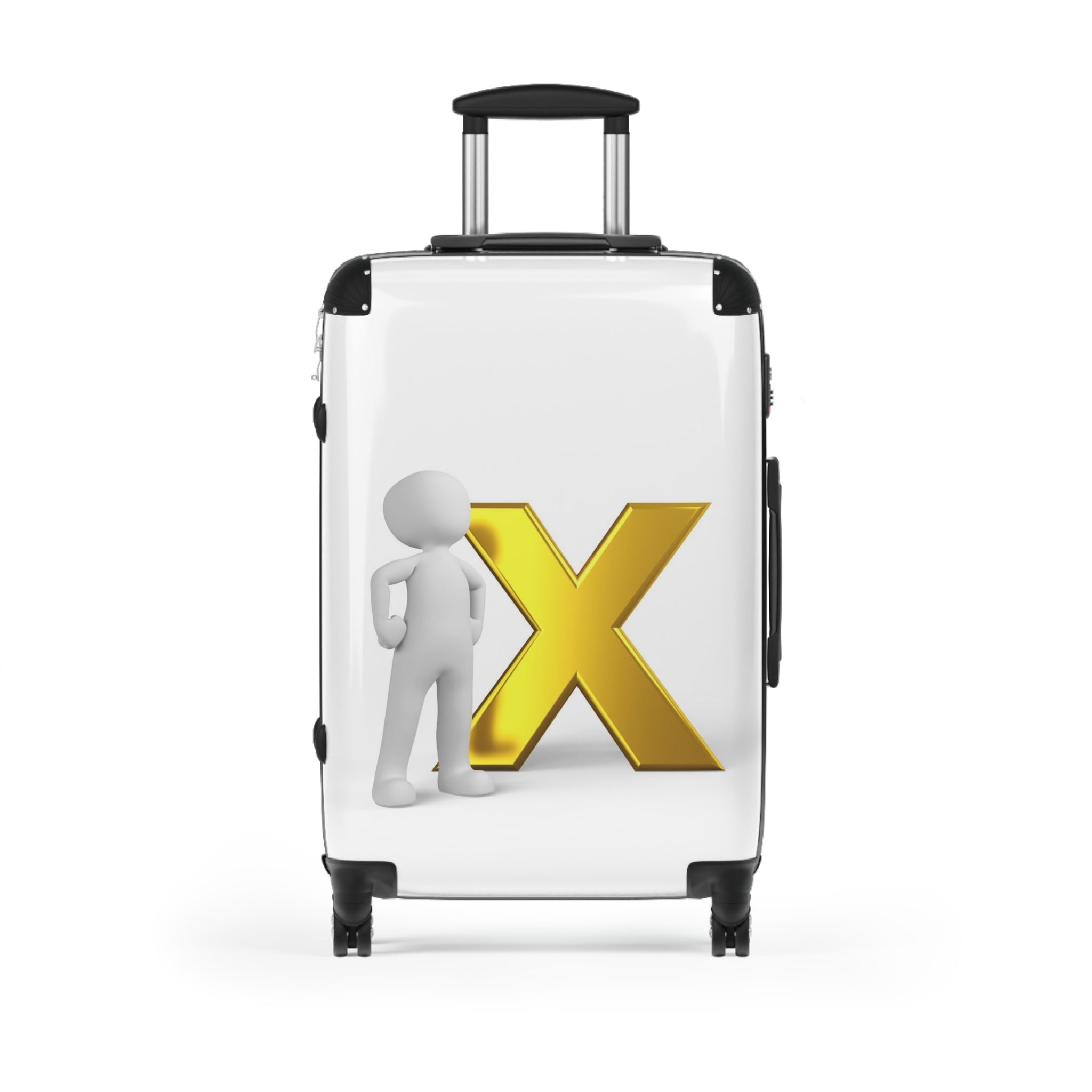 Bonhomme allumette 3D avec valise dorée en forme de X | Autocollant de bagage personnalisé