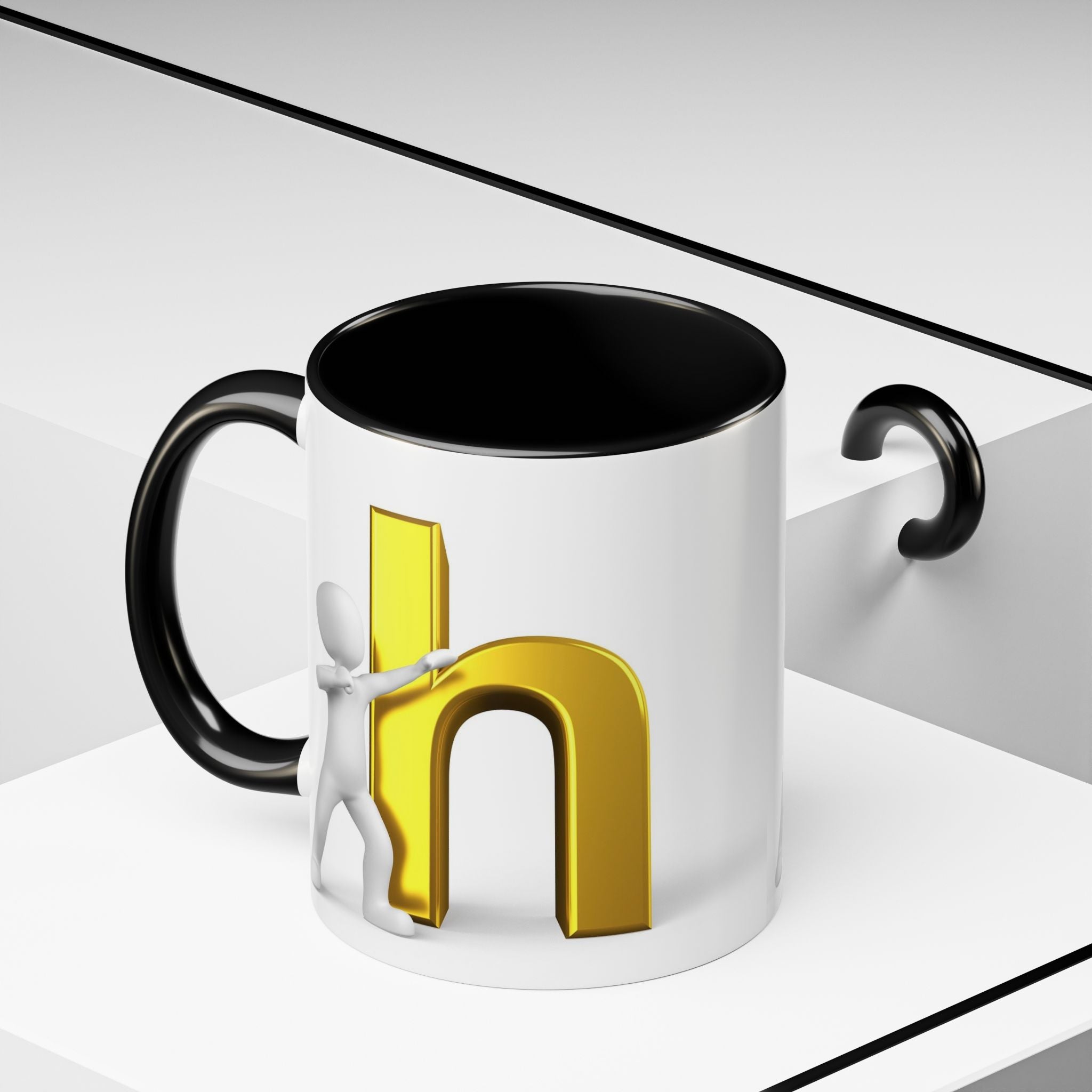 3D Stick Figure Pushing Gold Letter h Mug | Accent Coffee Mug 11/15oz