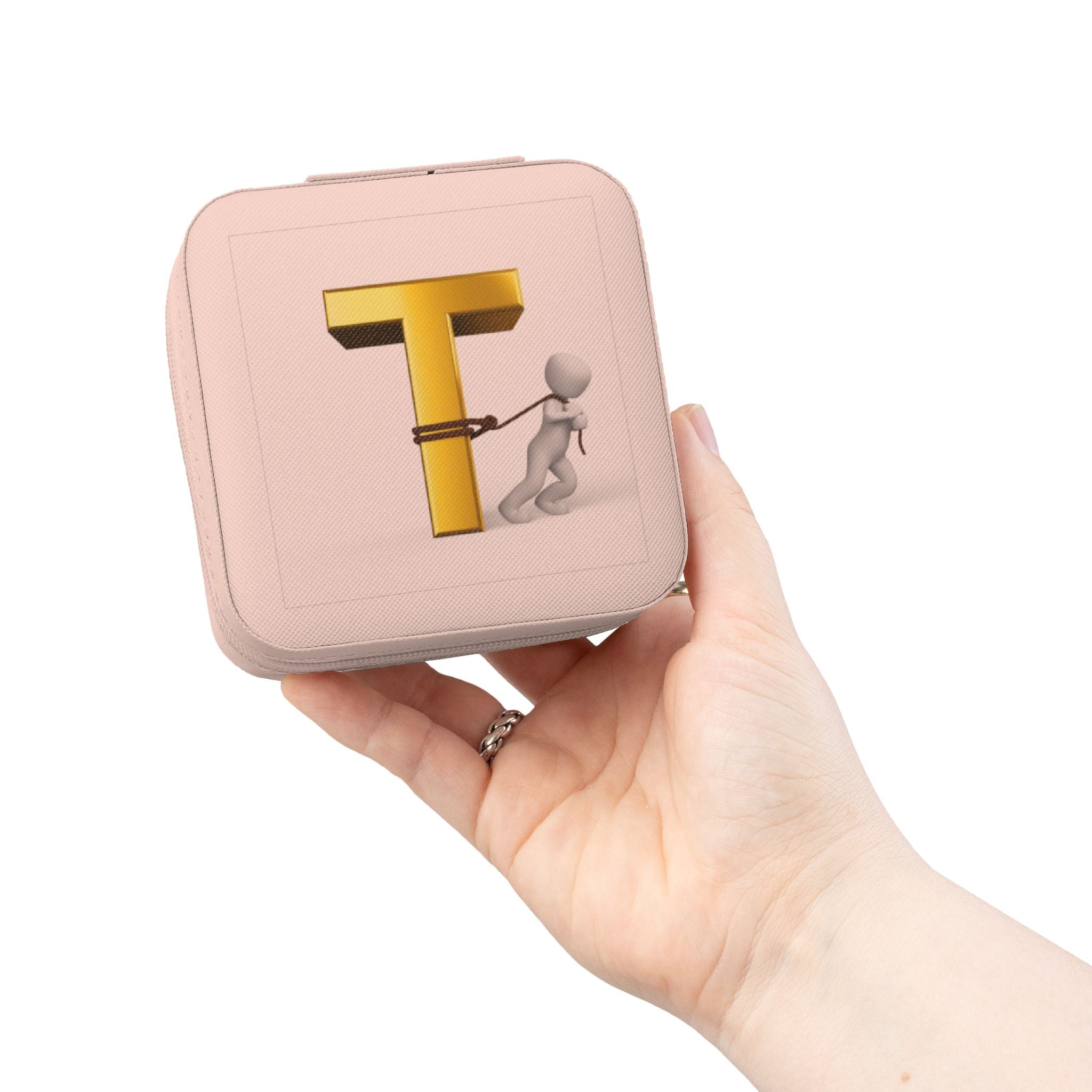 Étui de voyage carré compact pour bijoux avec monogramme lettre T en or | Boîte à bibelots