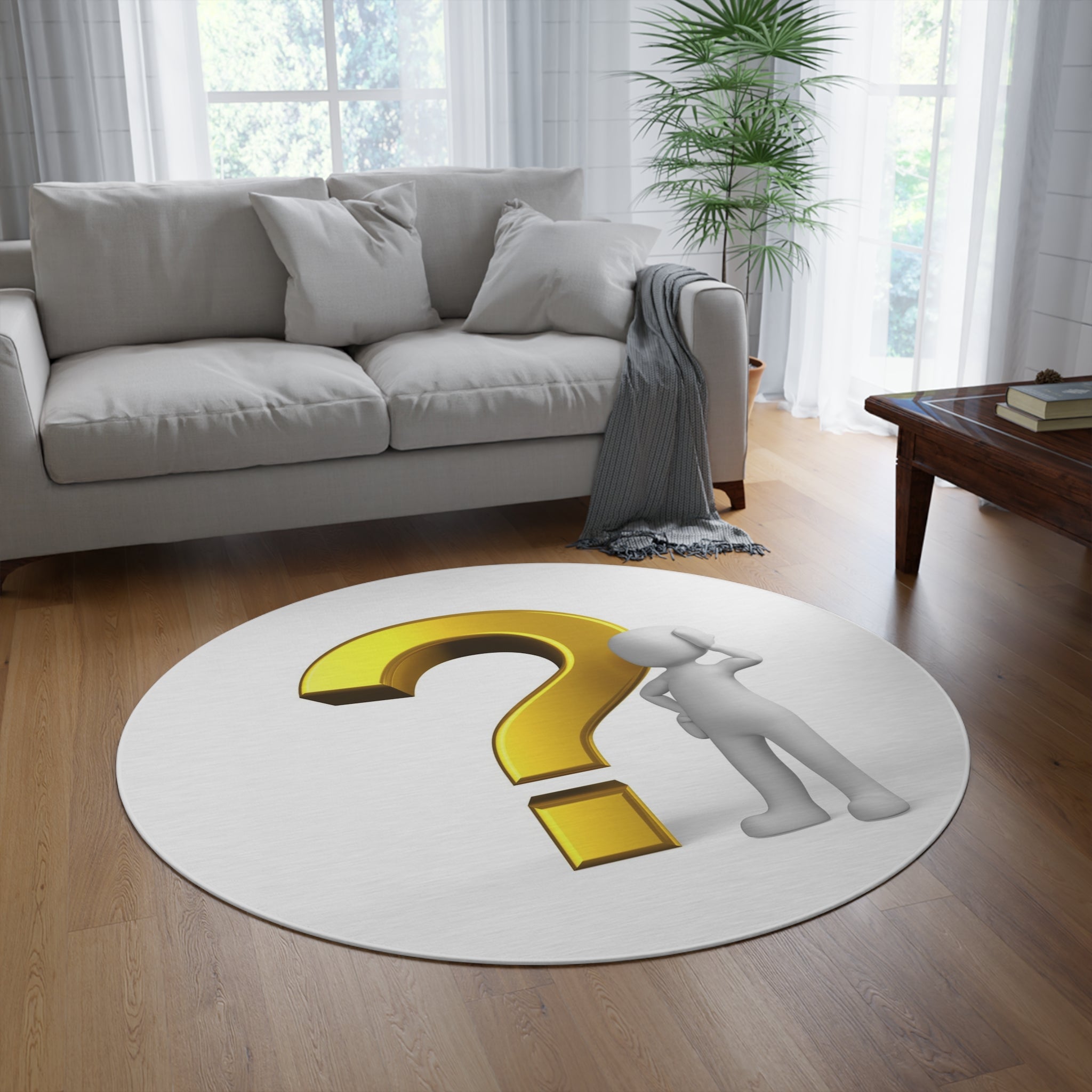 Gold Question Mark Figure Round Rug | Modern Curious Décor