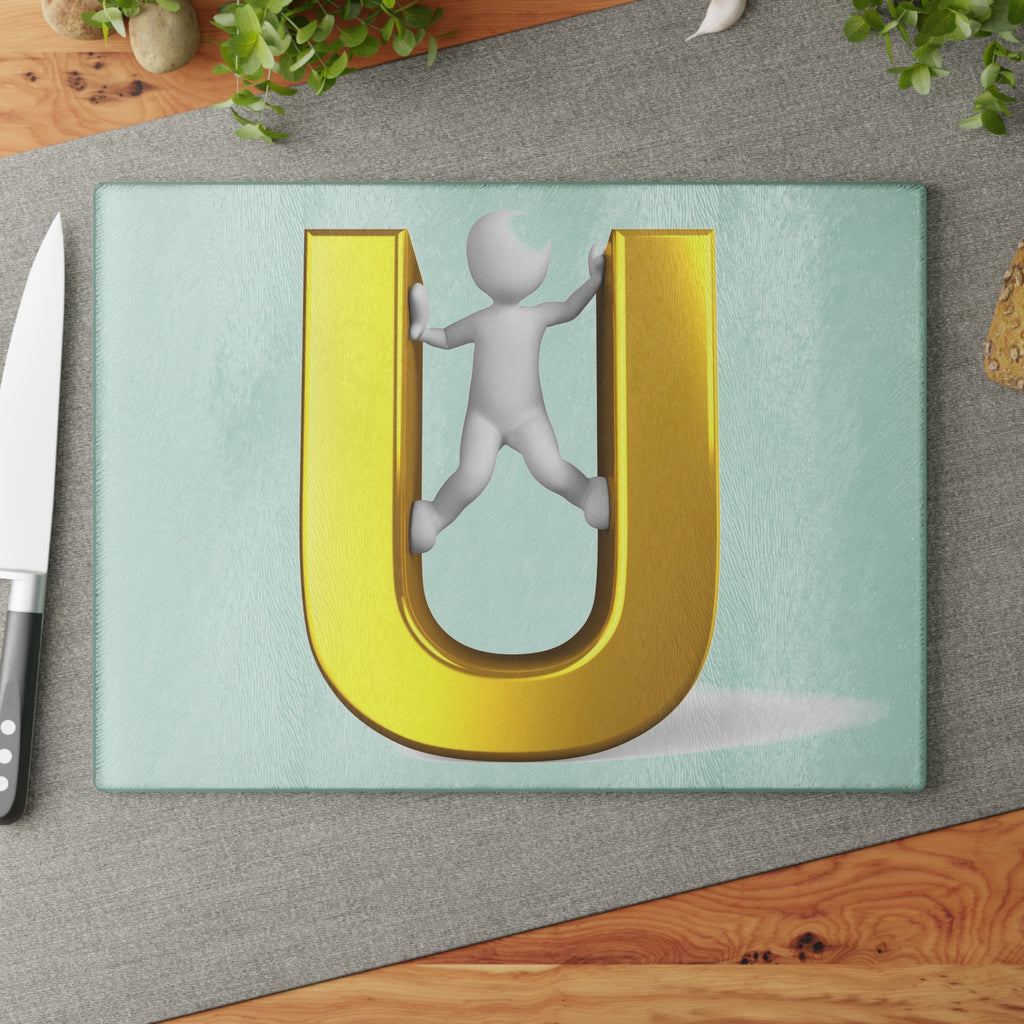 3D Figure Climbing Gold Letter U Glass Cutting Board | Monogram Initial Kitchen Decor