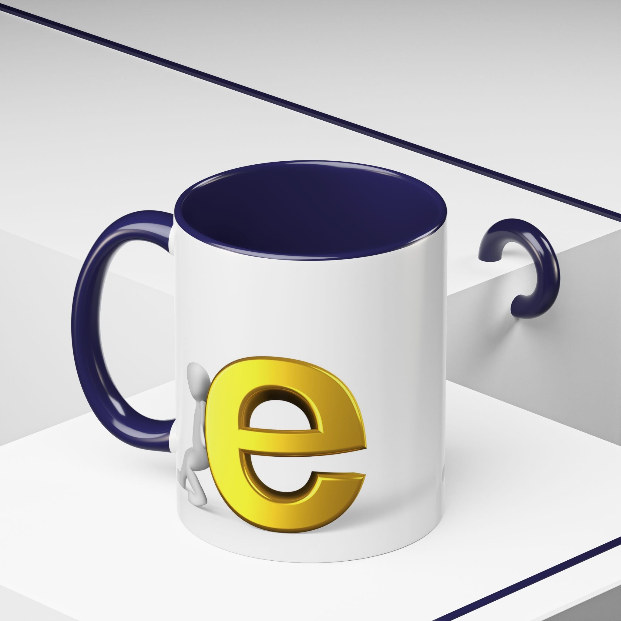 3D Stick Figure Pushing Gold Letter e Accent Coffee Mug | Black Handle, Interior