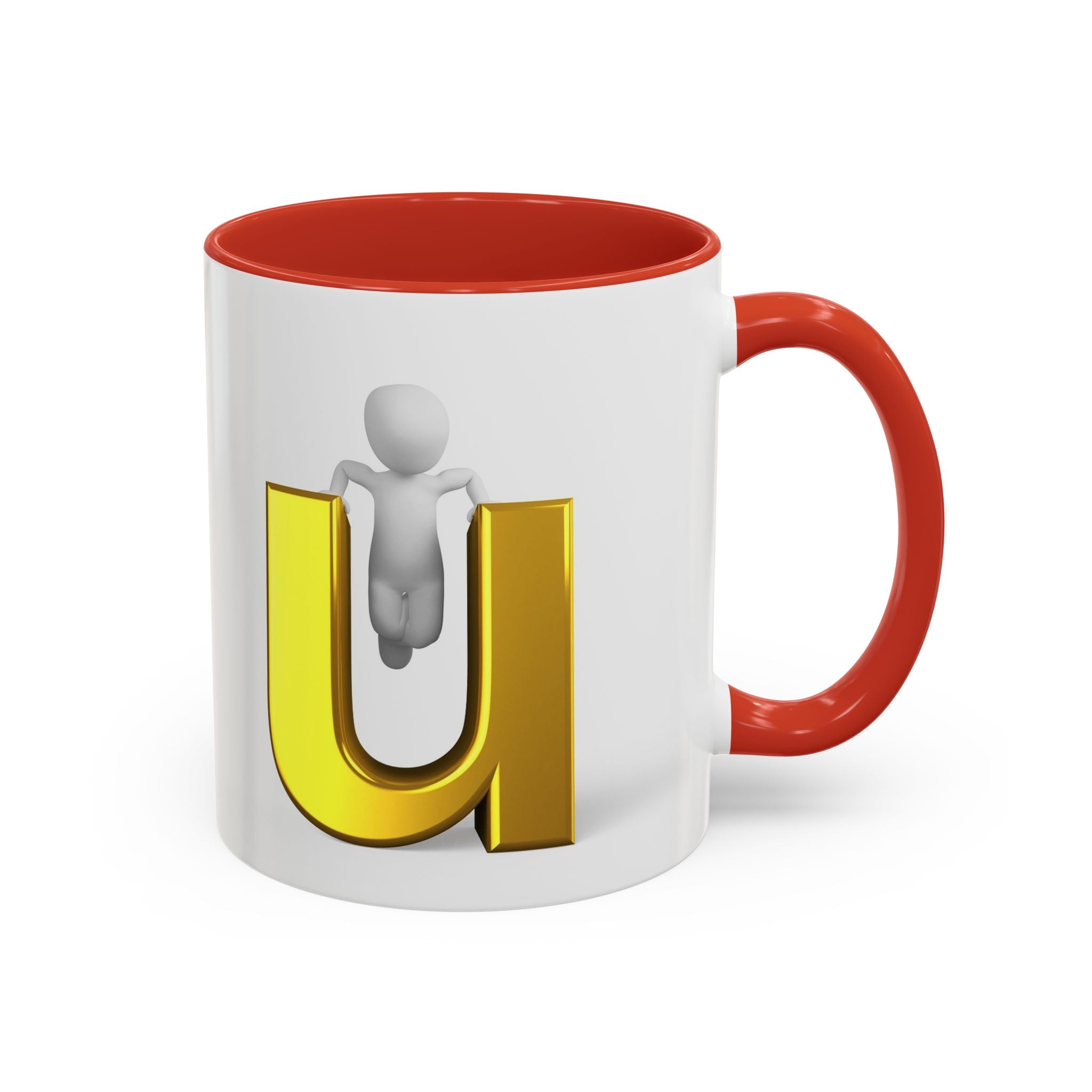 Mug de café accentué avec une personne 3D accrochée à la lettre U en or