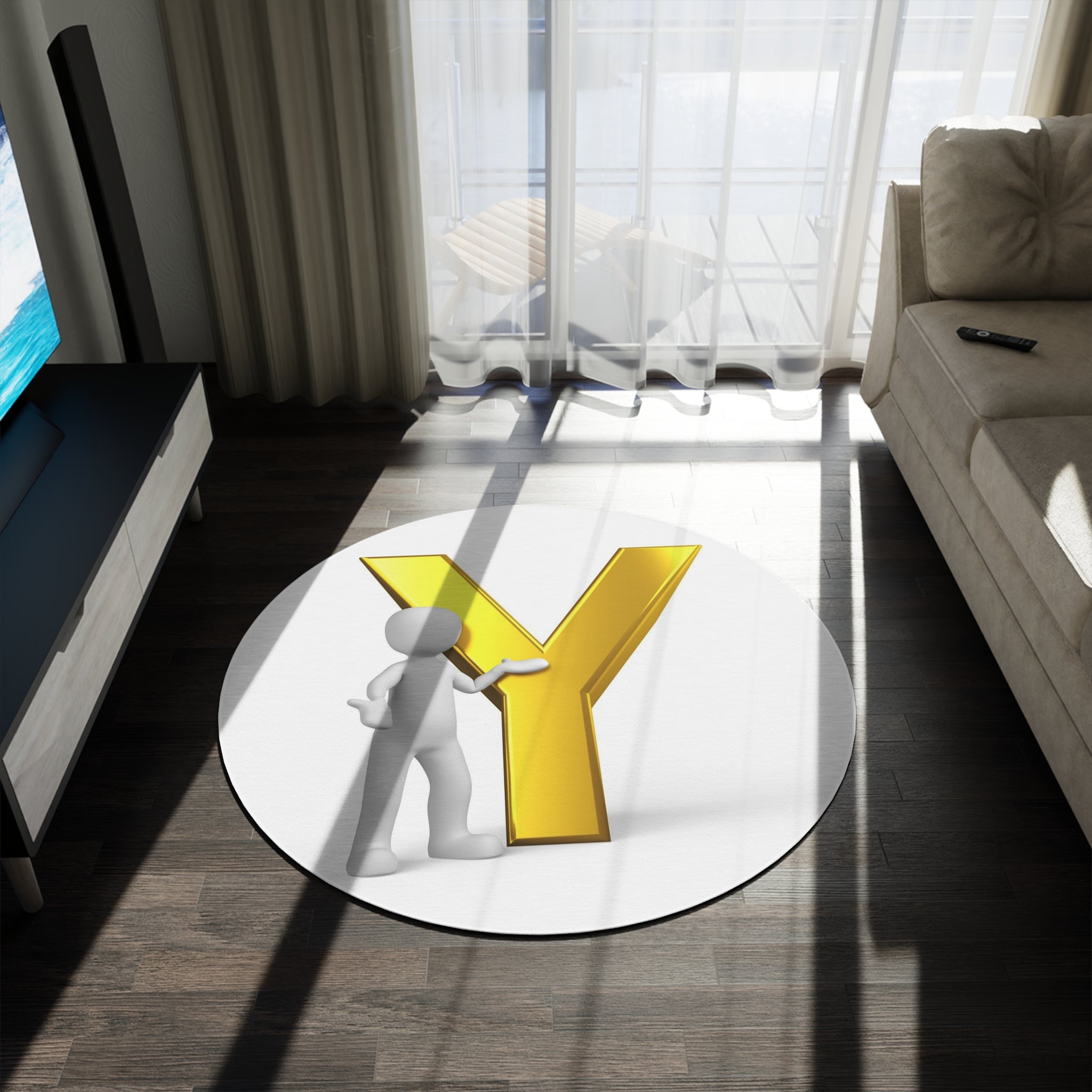 Gold Letter Y with 3D Figure Round Rug | Monogram Home Decor