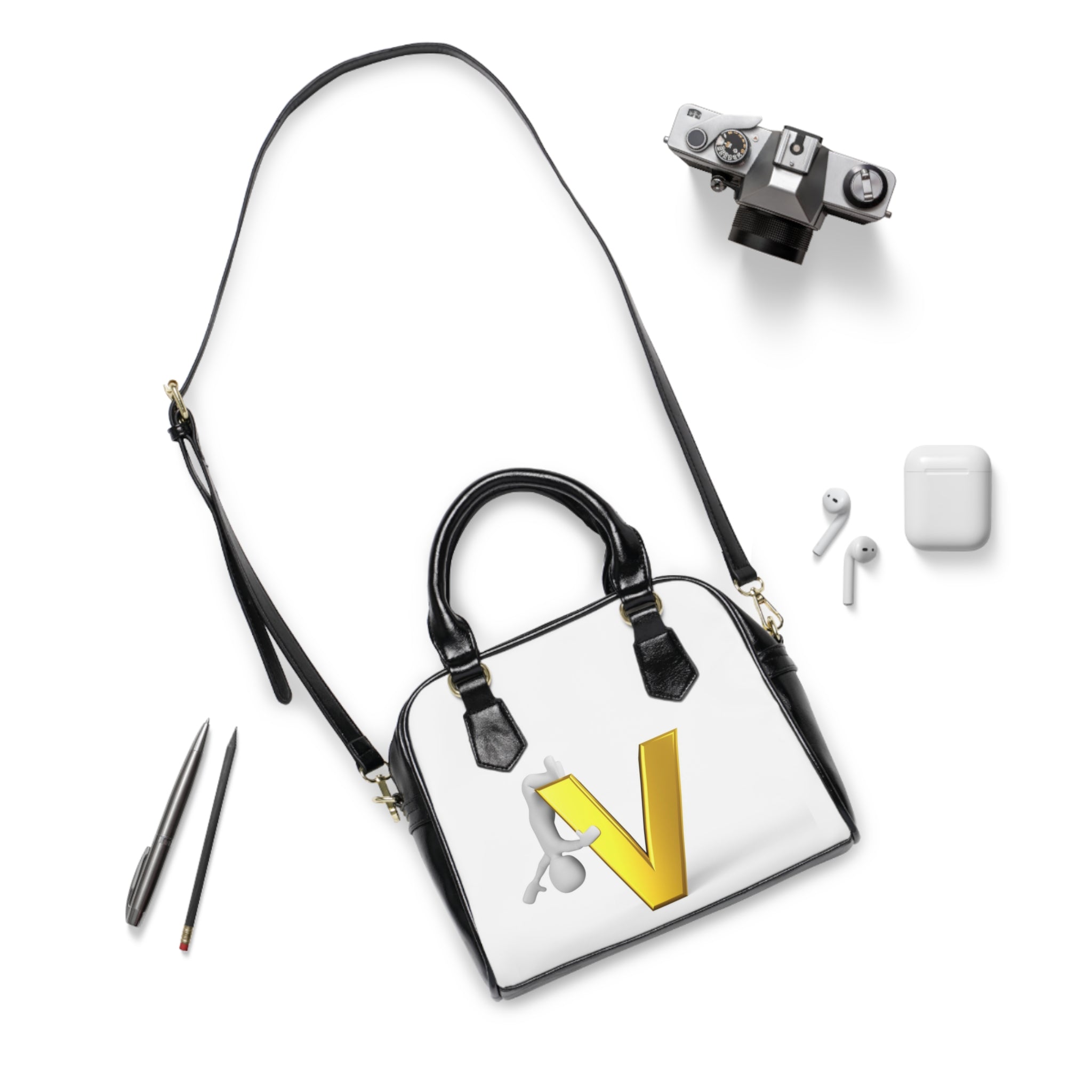 Gold Letter V Monogram Shoulder Handbag | 3D Initial Accent