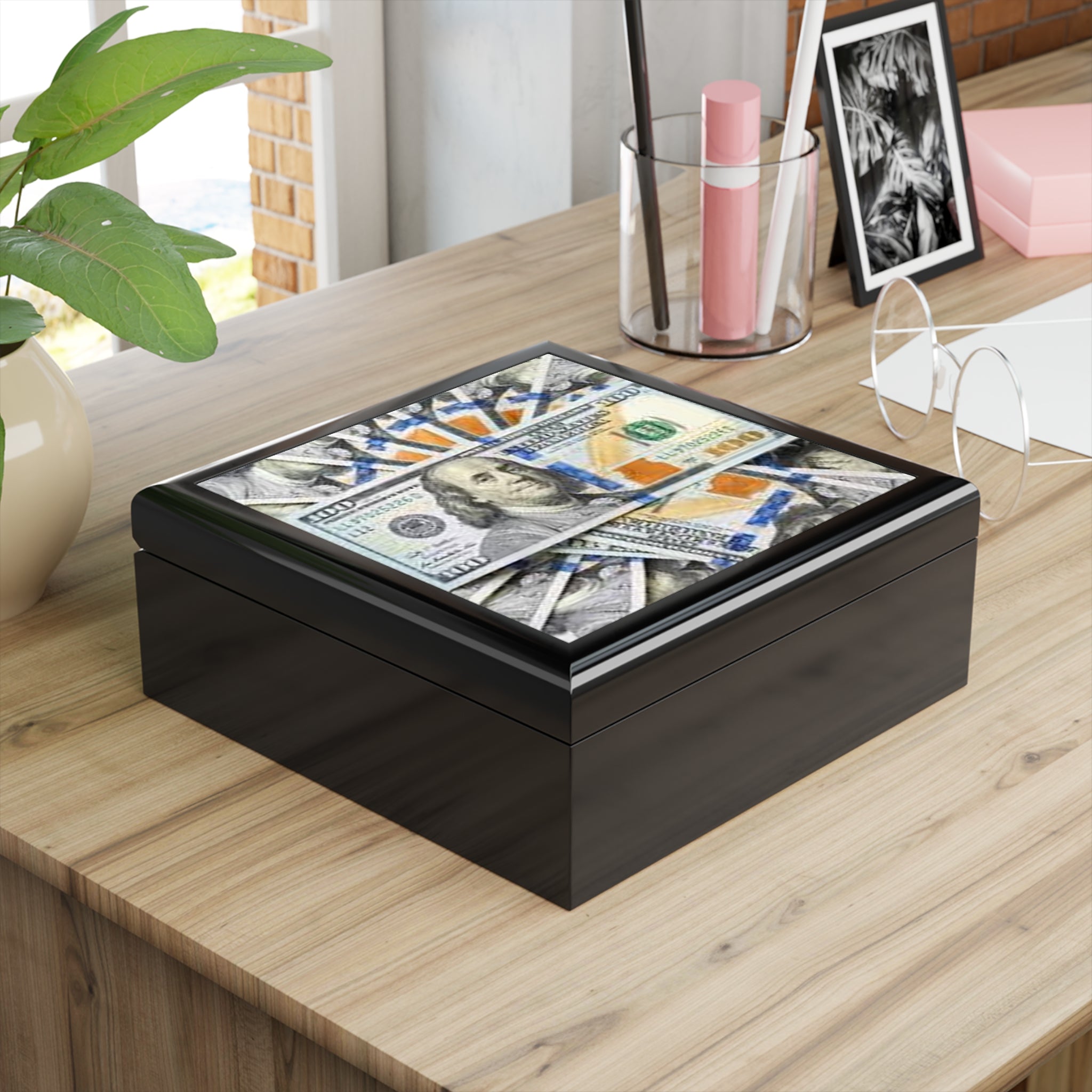 Benjamin Franklin Money Collage Jewelry Box | Black Keepsake Organizer