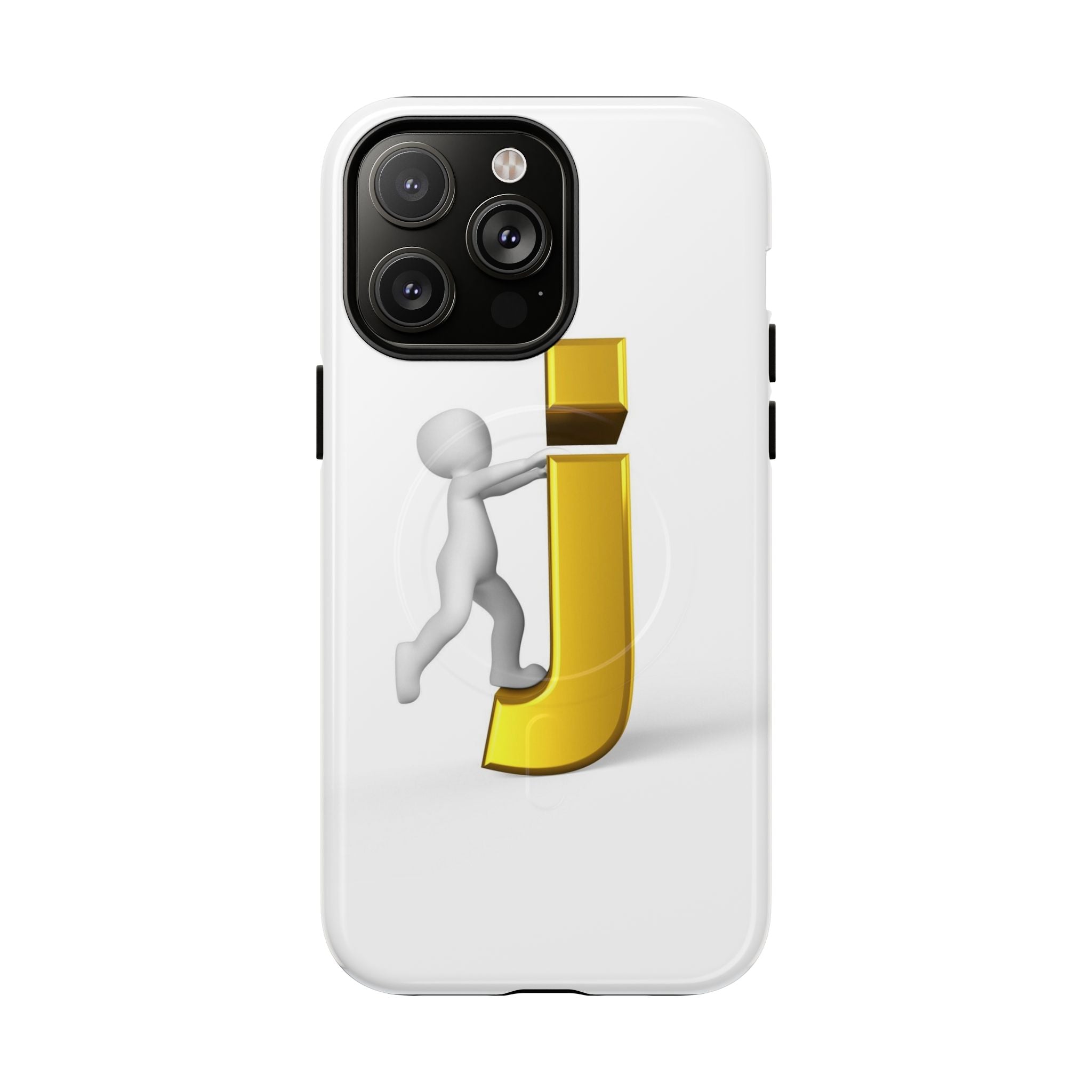 Coque de téléphone 3D Bonhomme allumette Poussant la lettre J dorée | Coque magnétique robuste