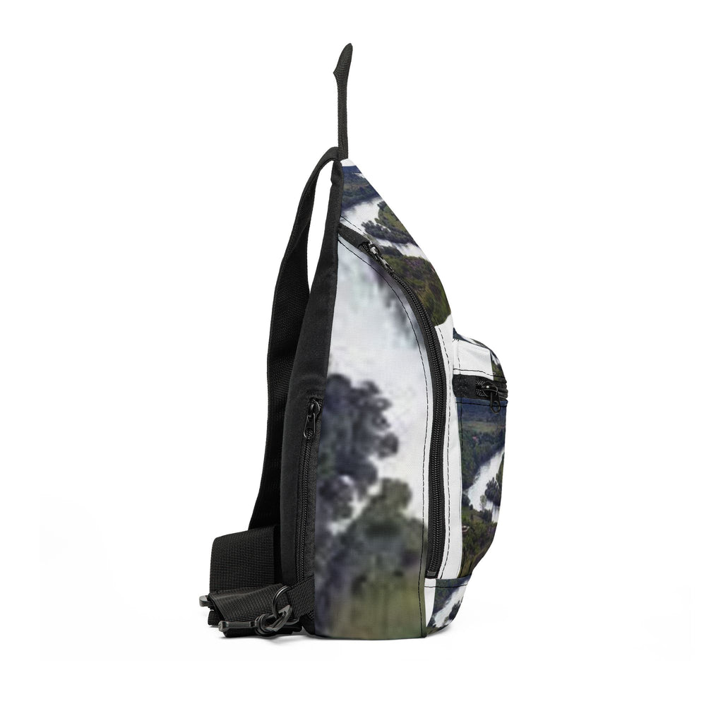 Aerial River Bend landscape Sling Bag | nature photography, green valley print