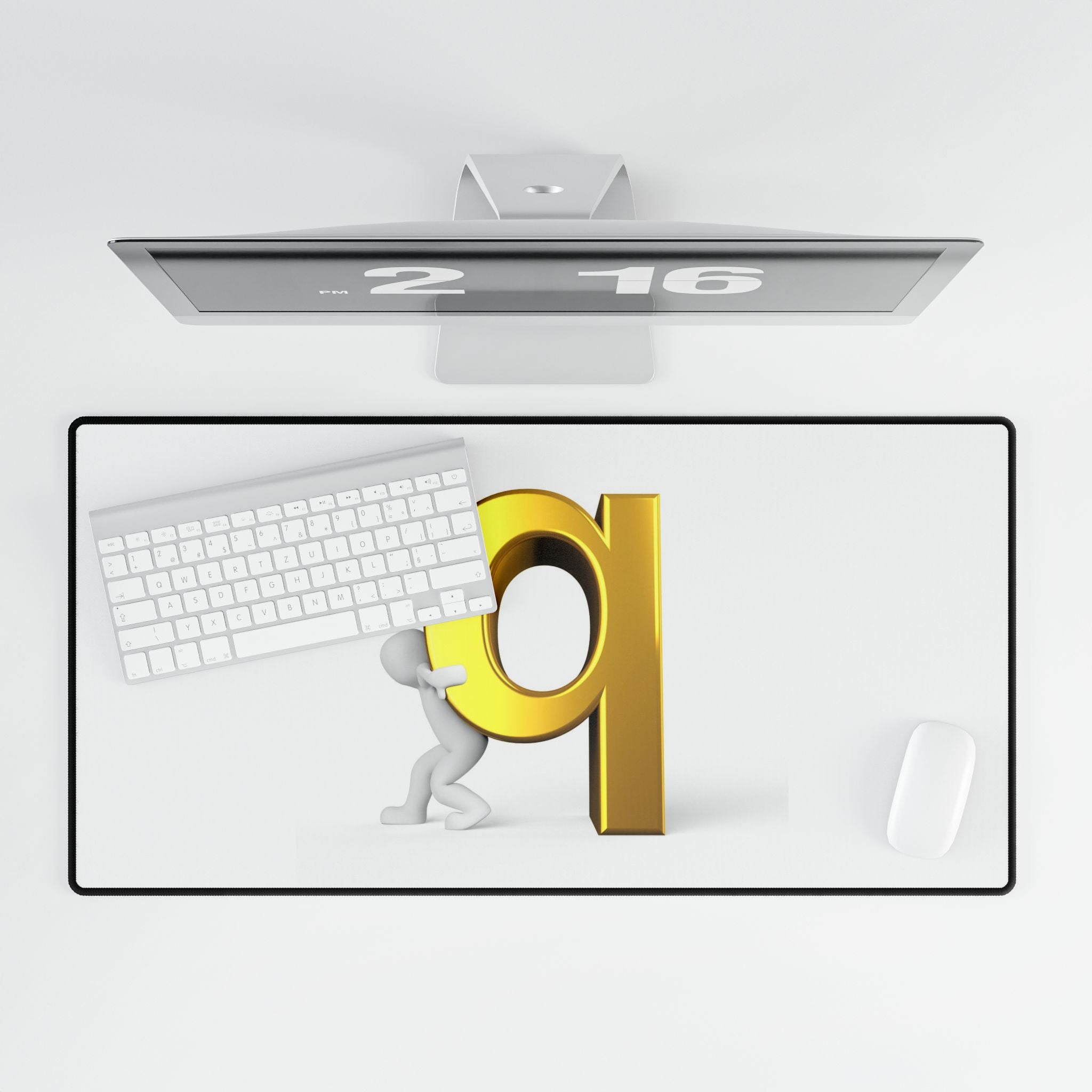 3D Figure Pushing Gold Letter Q Desk Mat | Large Mouse Pad