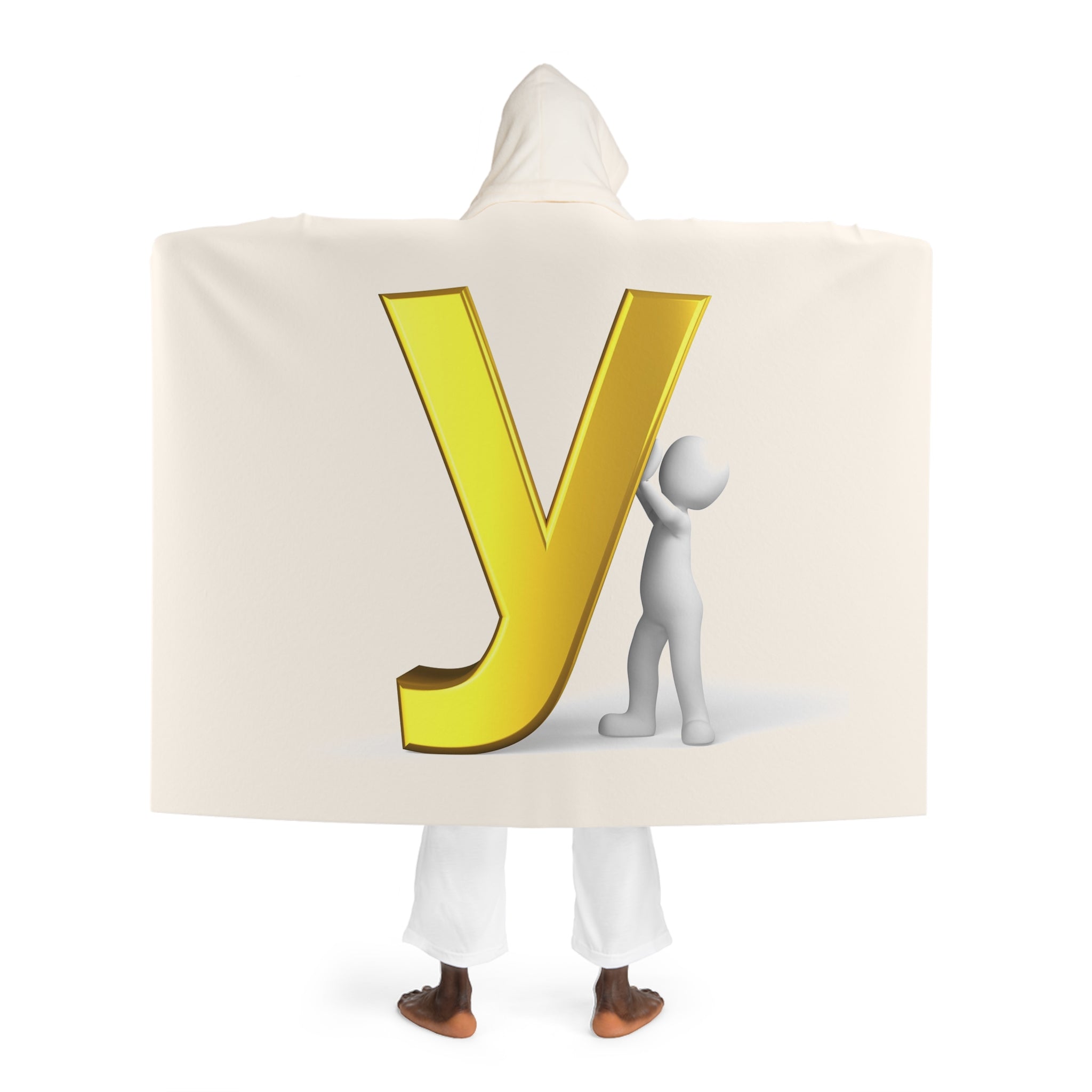 Gold Letter Y with Figure Cream Hooded Sherpa Fleece Blanket | Cozy Hooded Throw