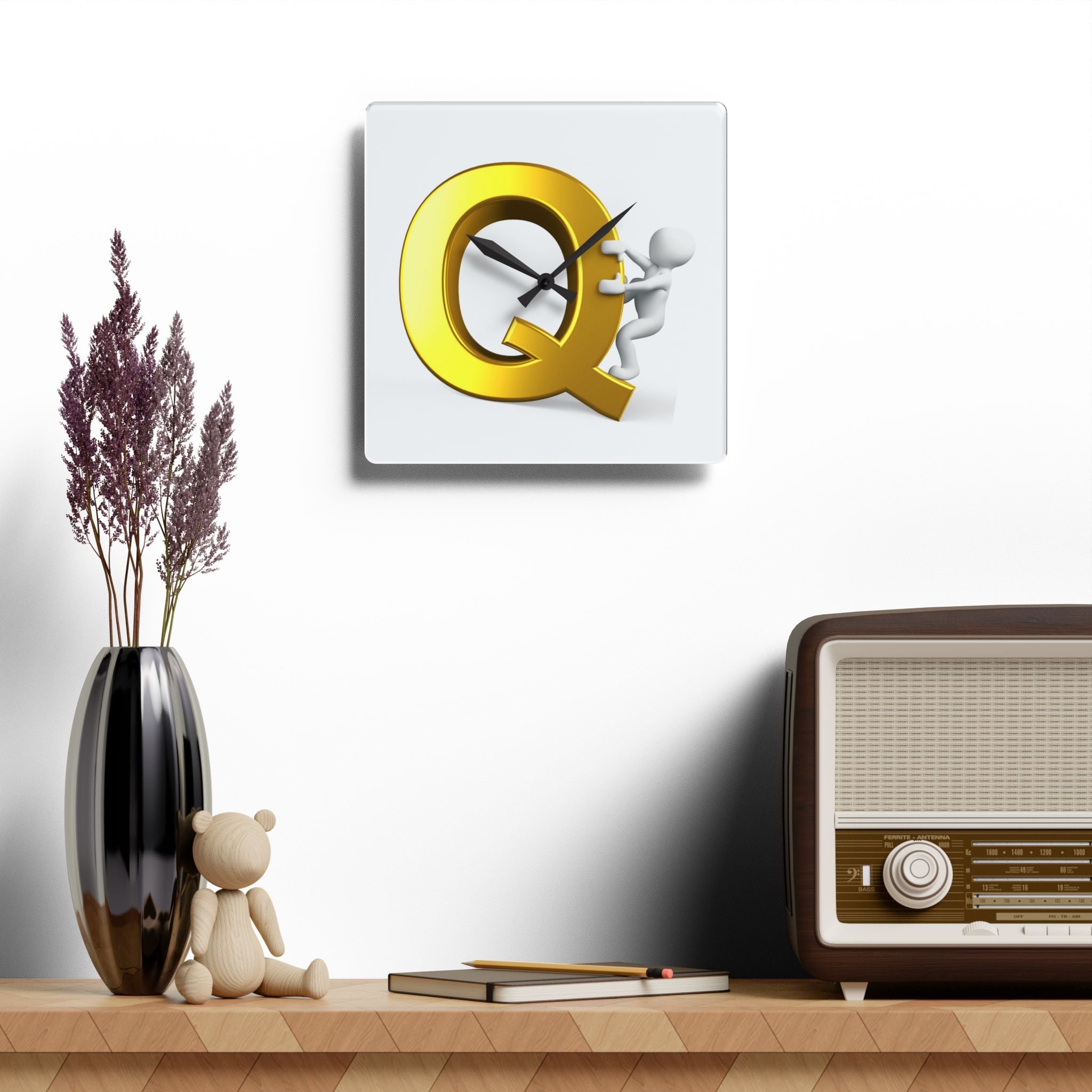Gold Letter Q with Climbing Figure Acrylic Wall Clock | Initial Monogram Decor
