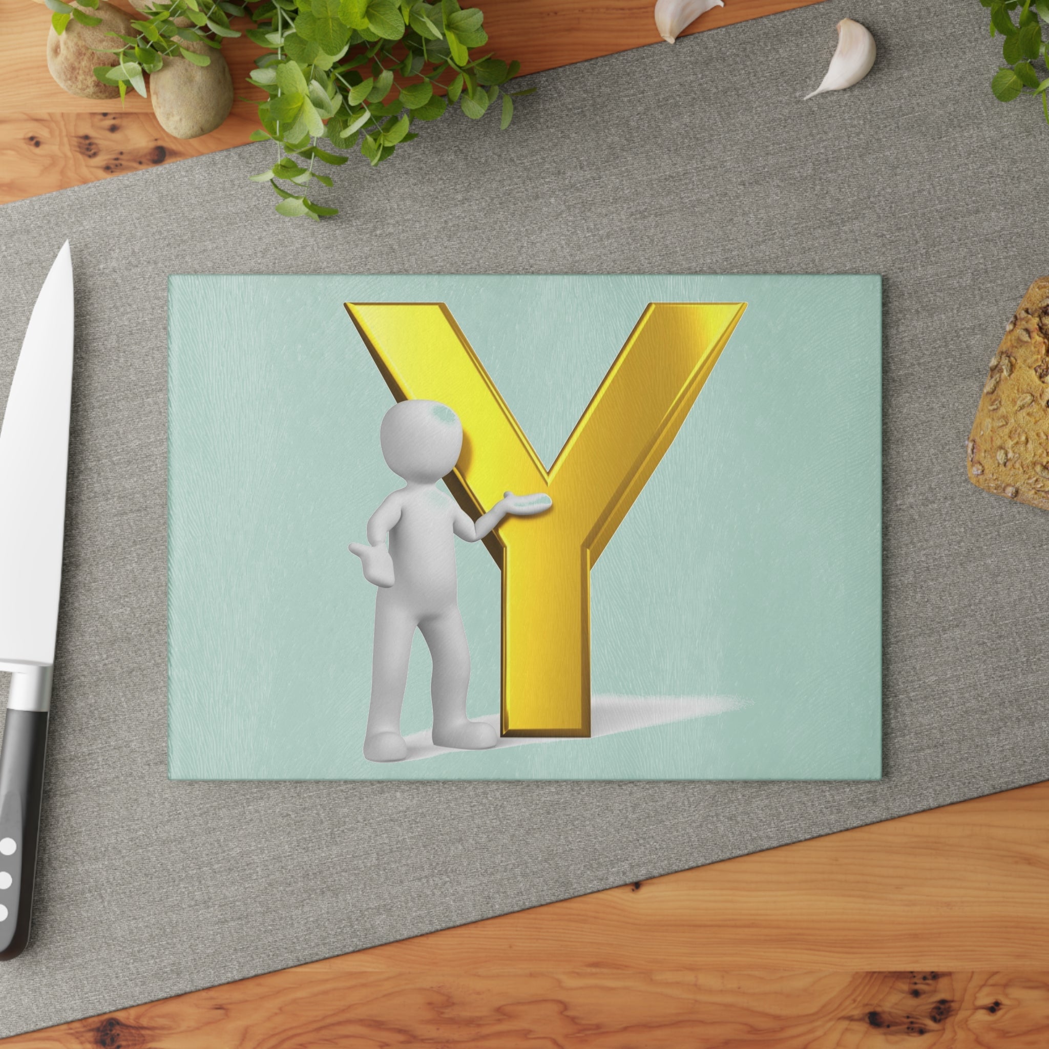 Gold Letter Y with 3D Figure Glass Cutting Board | Monogram Initial