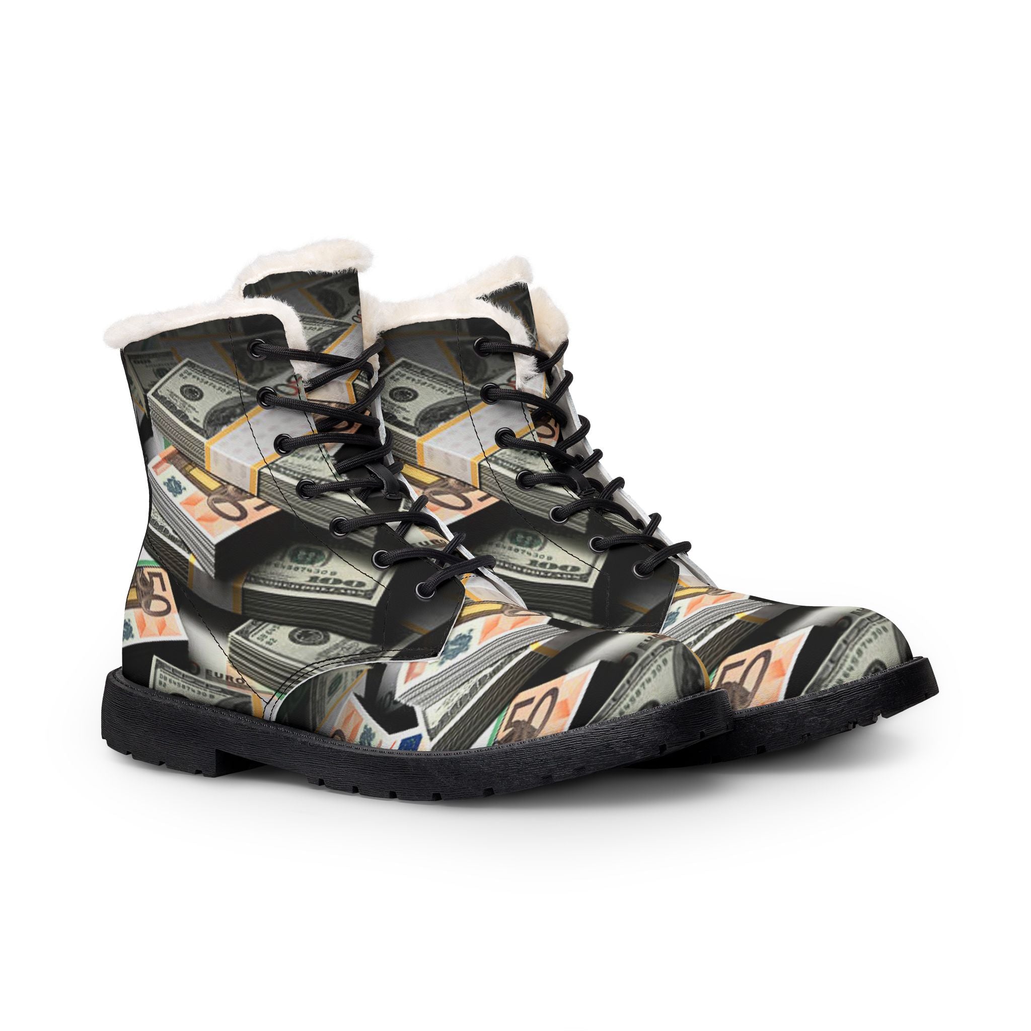 Stacked Cash Print Boots | Fur-Lined Leather Boots