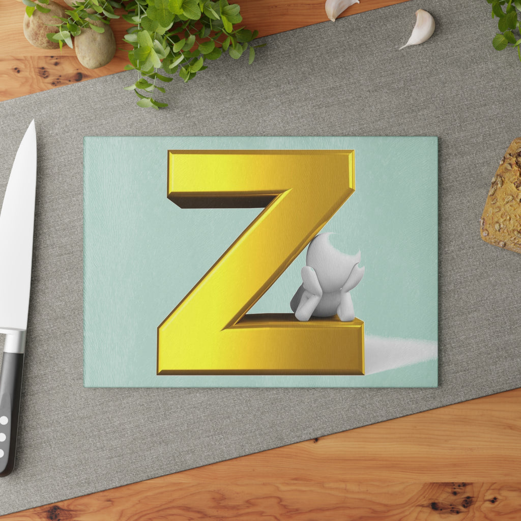 Gold 3D Letter Z with Cute Character Glass Cutting Board | Monogram Kitchen Decor