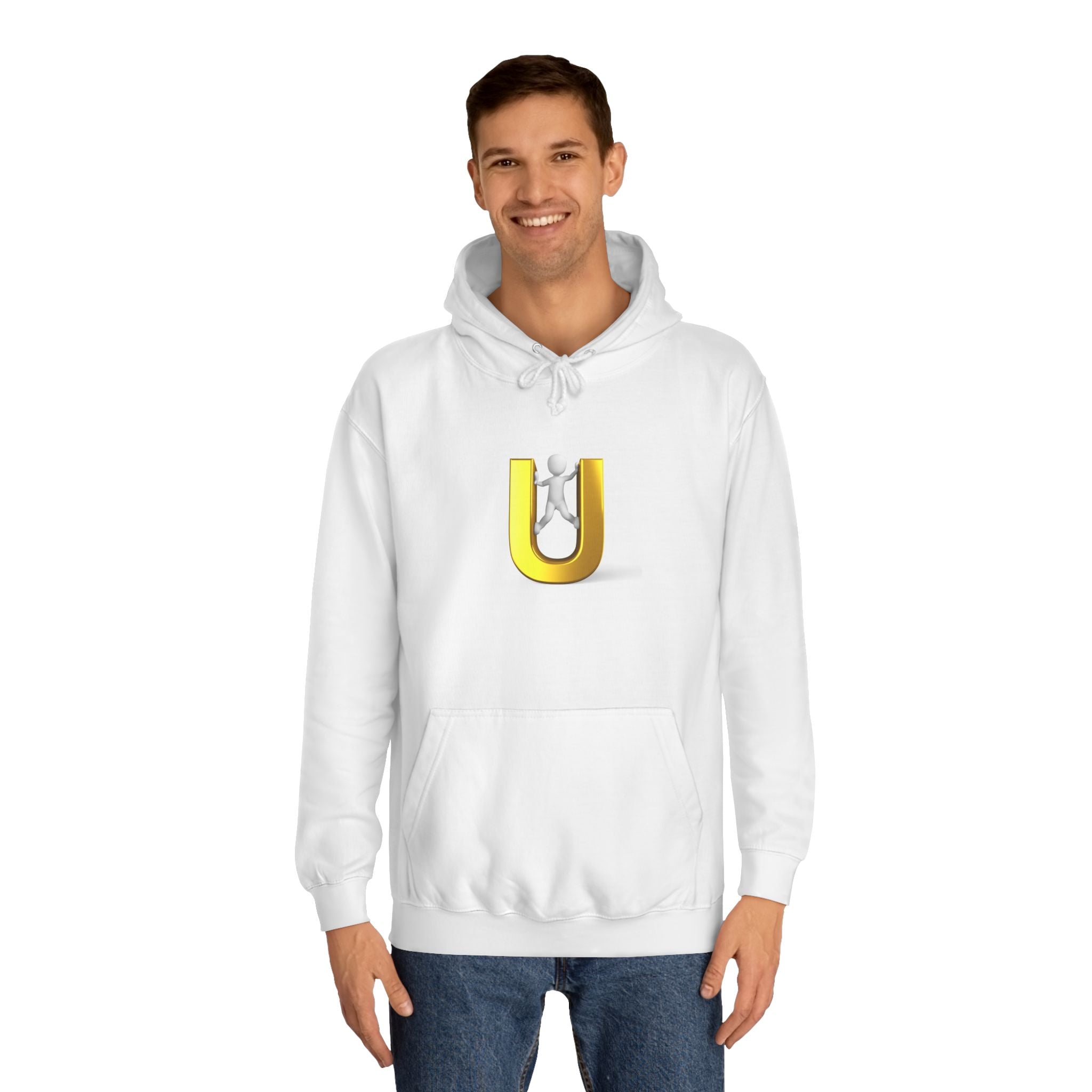 3D Gold Letter U Hoodie | Stick Figure Climbing Typography Sweatshirt