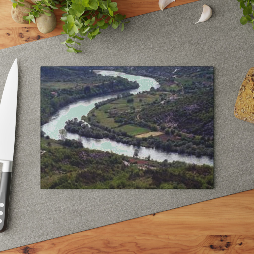 River Bend Landscape Glass Cutting Board | Scenic Aerial River View