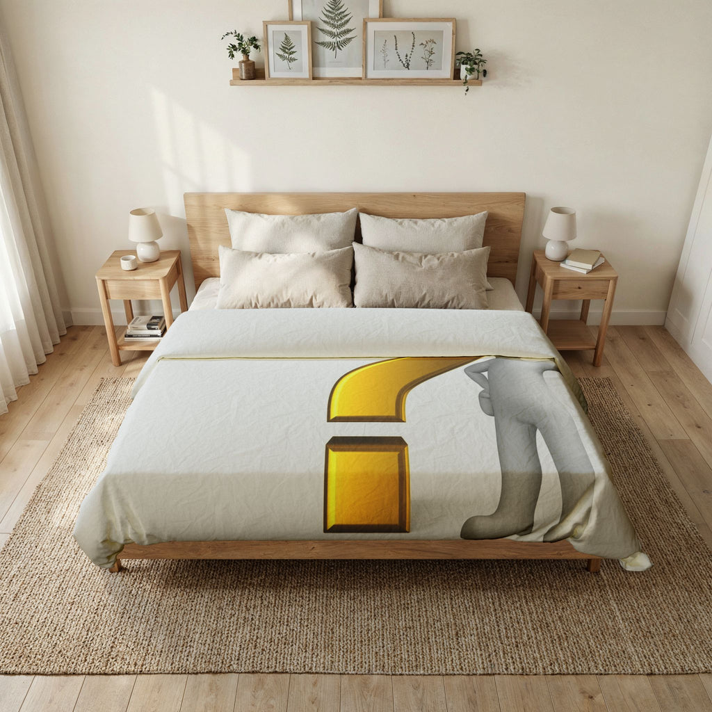 3D Gold Question Mark with Thinking Figure Duvet Cover | White Cotton