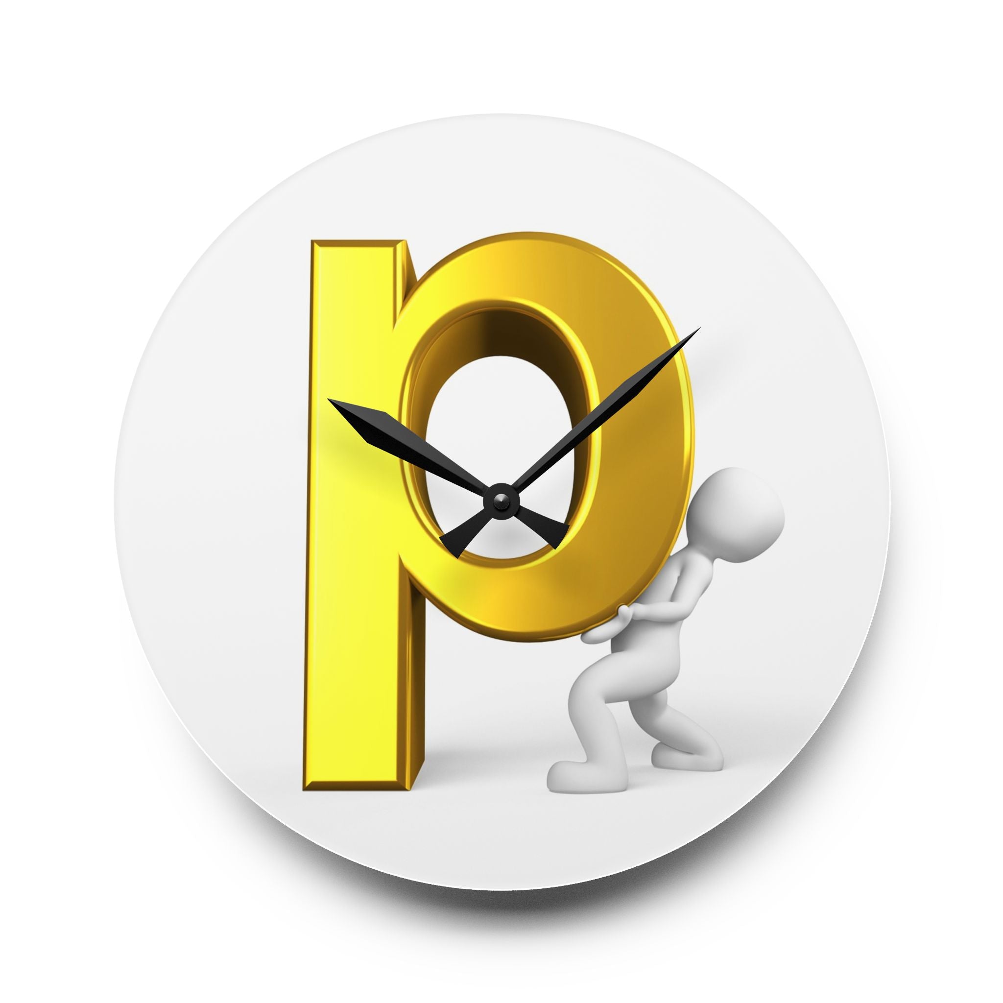 3D Gold Letter P with Figure Acrylic Wall Clock | Modern Alphabet Decor