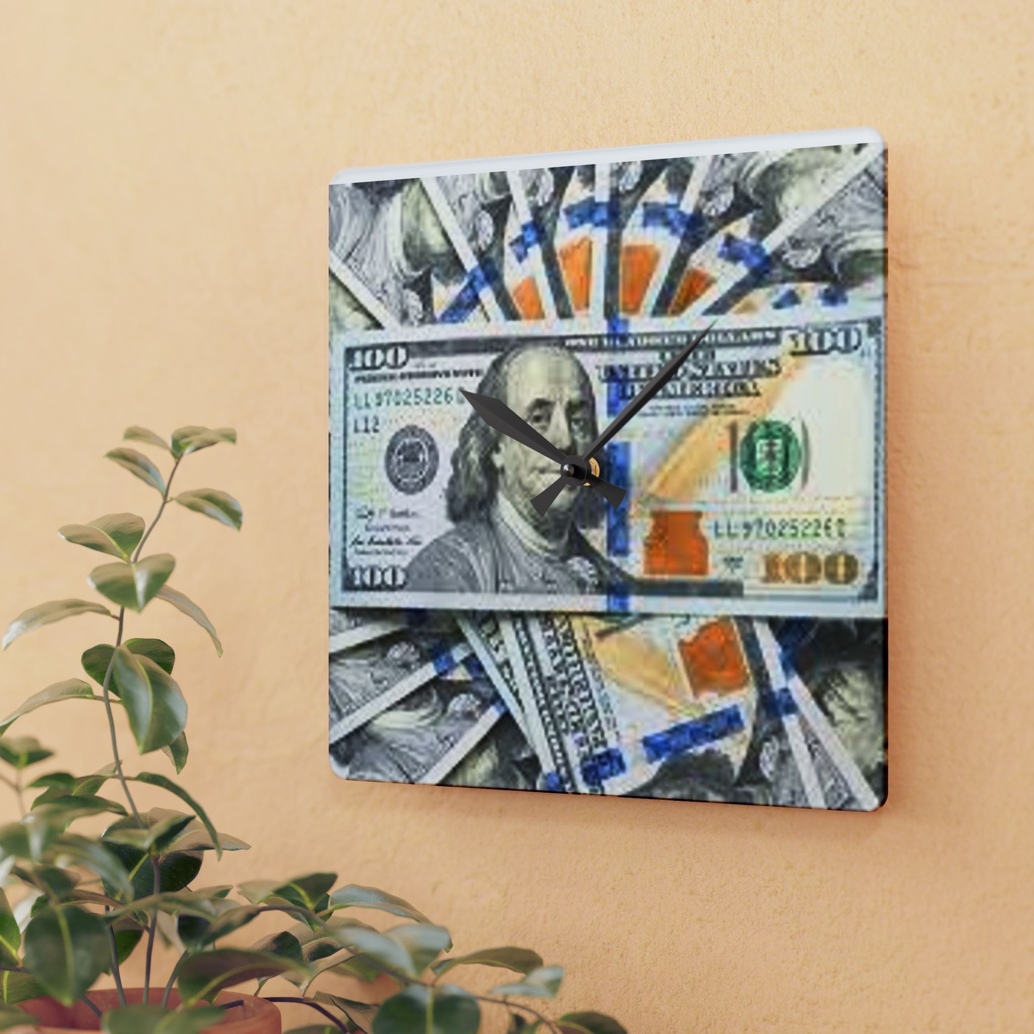 Hundred Dollar Bills Acrylic Clock | Money Stack Wall Clock