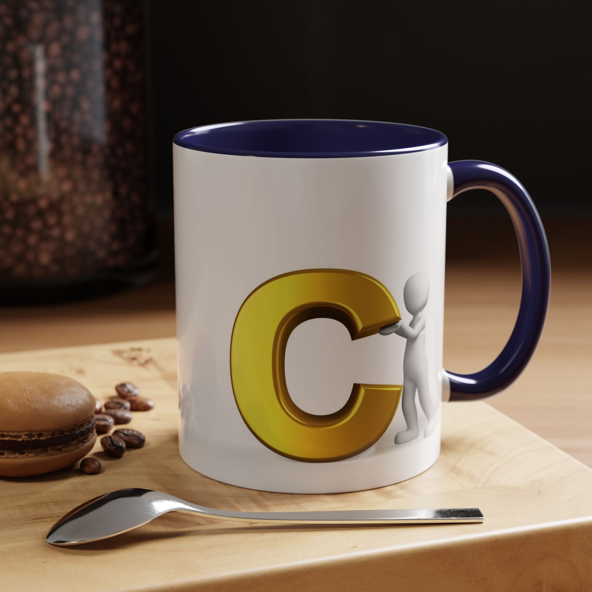 3D Stick Figure Holding Gold Letter C Accent Coffee Mug | Initial Monogram Mug