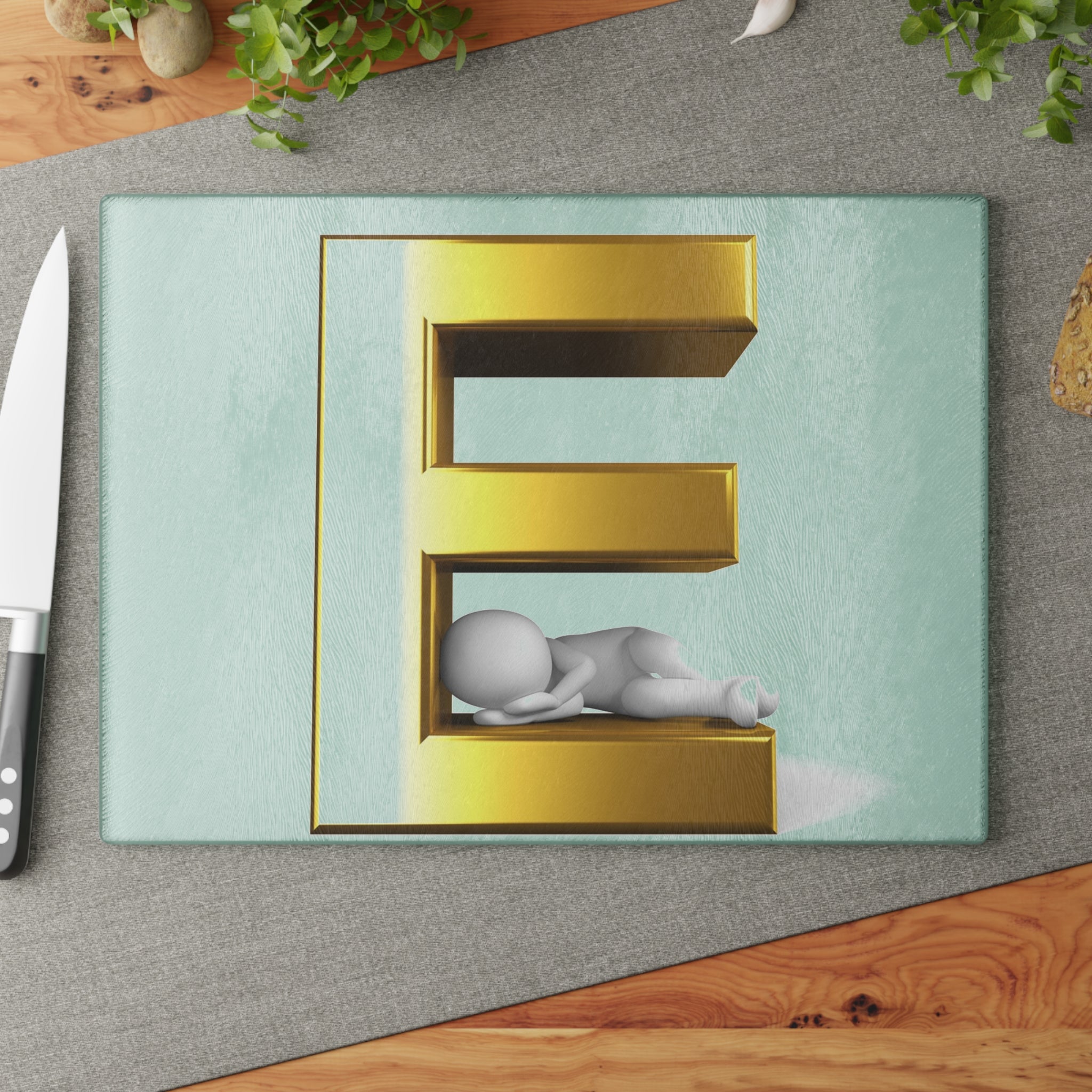 Gold 3D Letter E with Sleeping Figure Glass Cutting Board | Monogram Initial