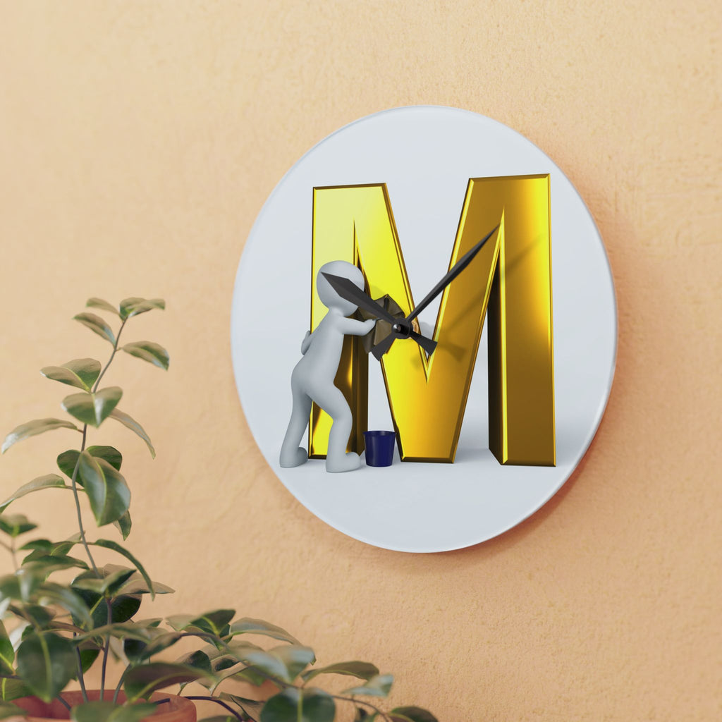 Gold Letter M Painting Acrylic Wall Clock | Monogram Initial Decor