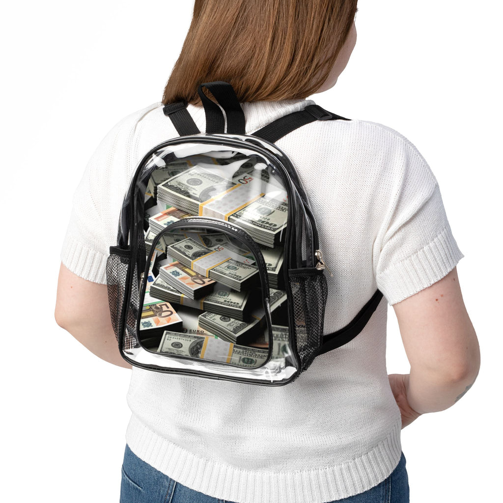 Cash Stack print Clear Stadium Backpack | Transparent Money Pattern