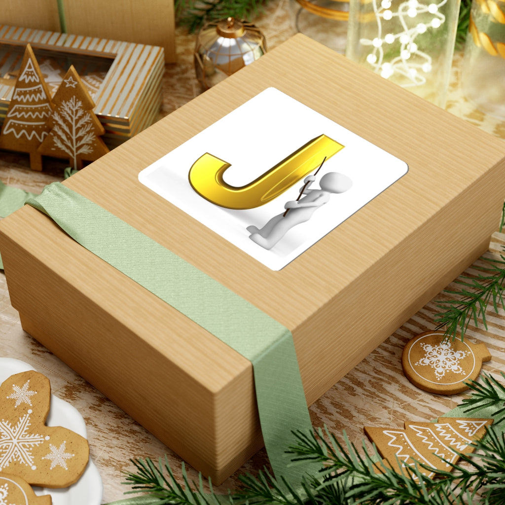 Gold Letter J with 3D Figure Kiss-Cut Sticker | Monogram Initial Decal